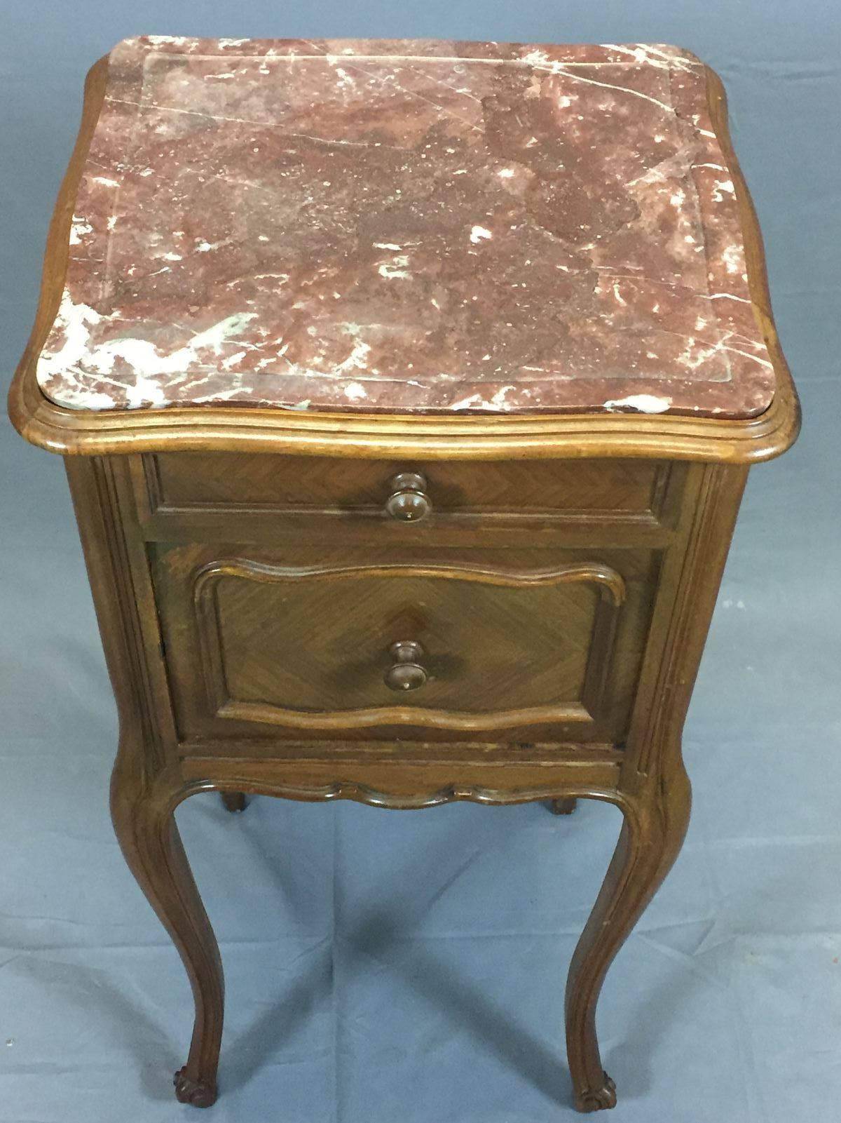 French 20th Century Walnut Marble-Top Louis XV Bedside Cabinet