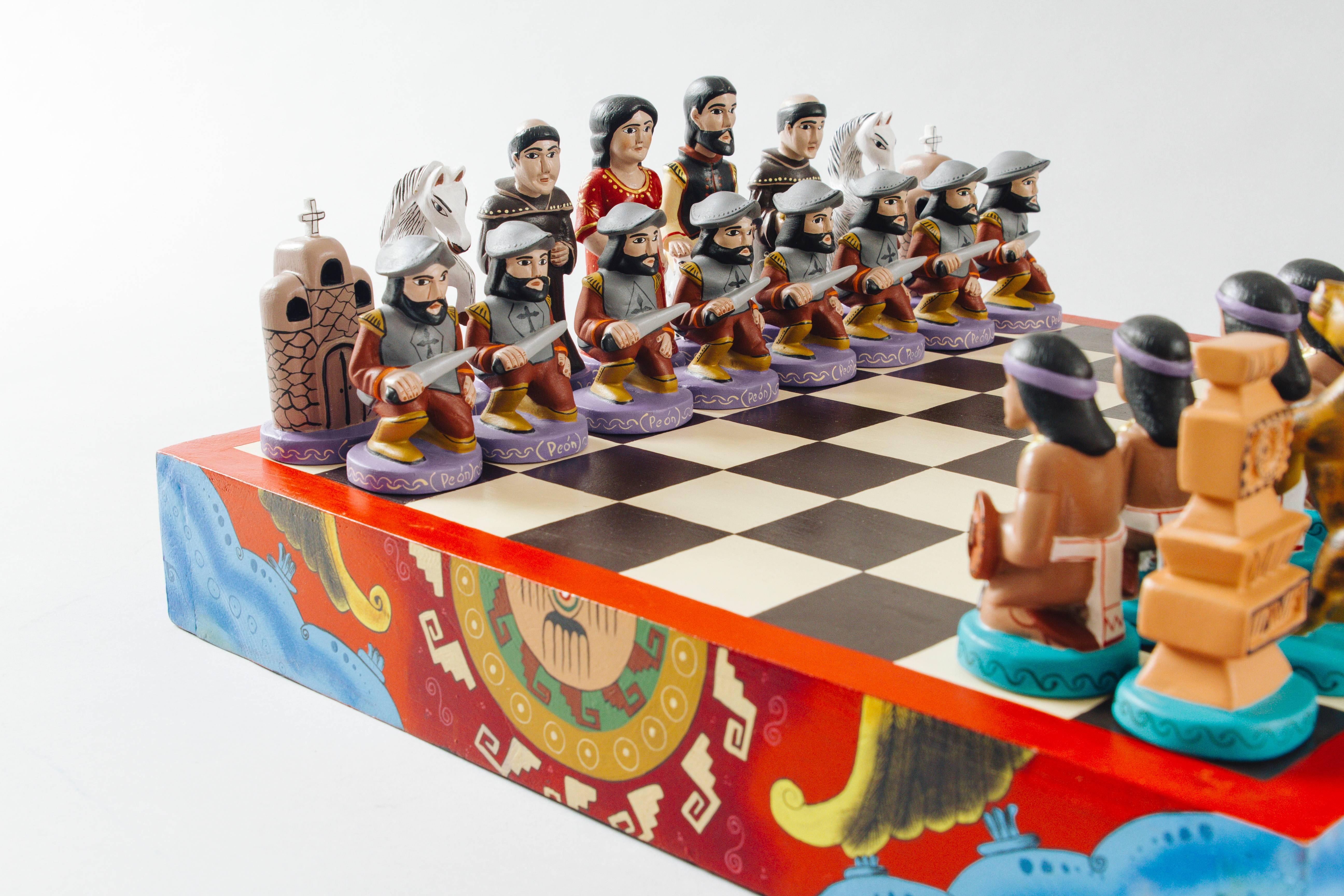 Carved Chess Set Wood Carving Folkloric Alebrije Spaniards and Indigenous Mixes