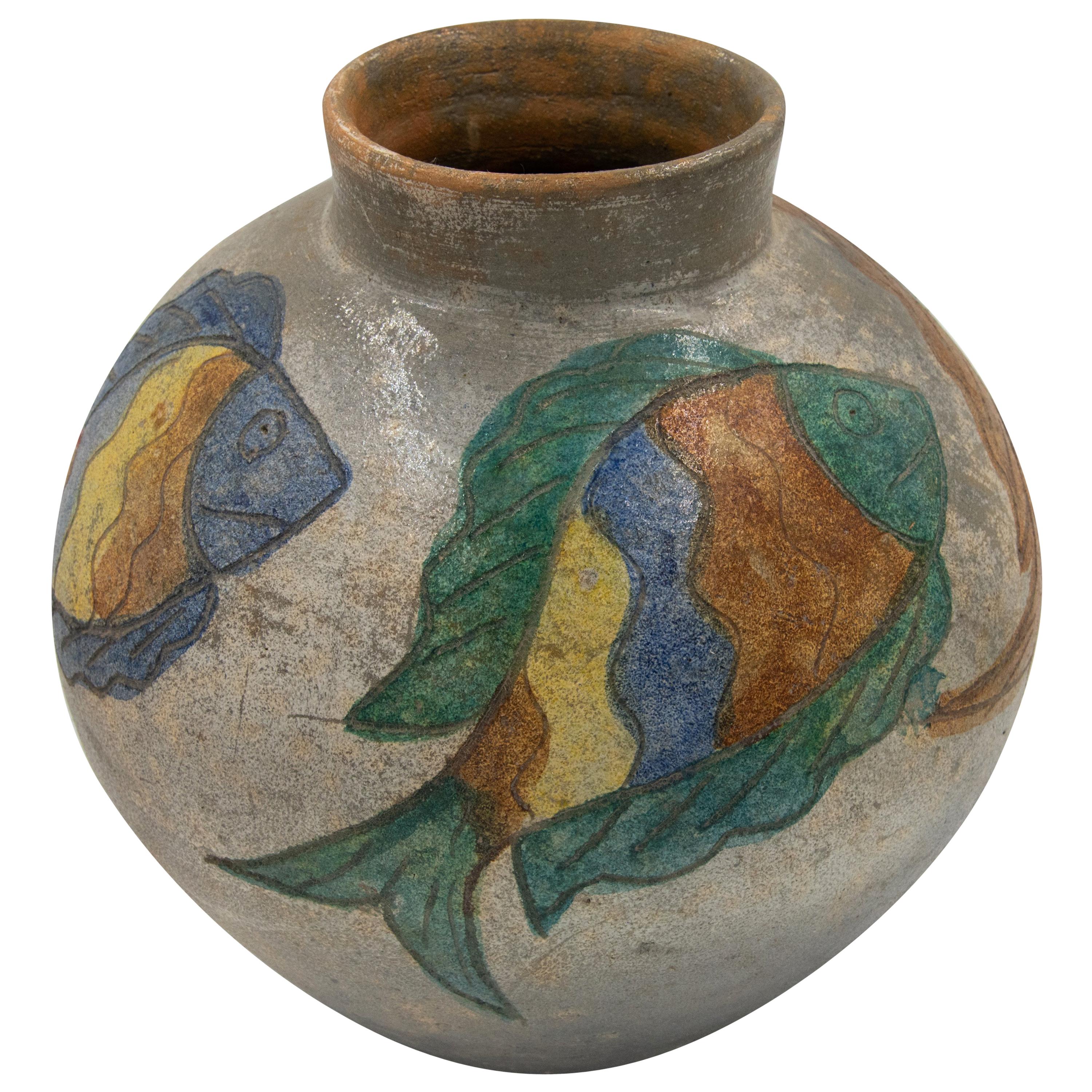 Mexican Ceramic Jug Vase Fishes 1996 Dolores Porras Folk Art Decorative Vessel
