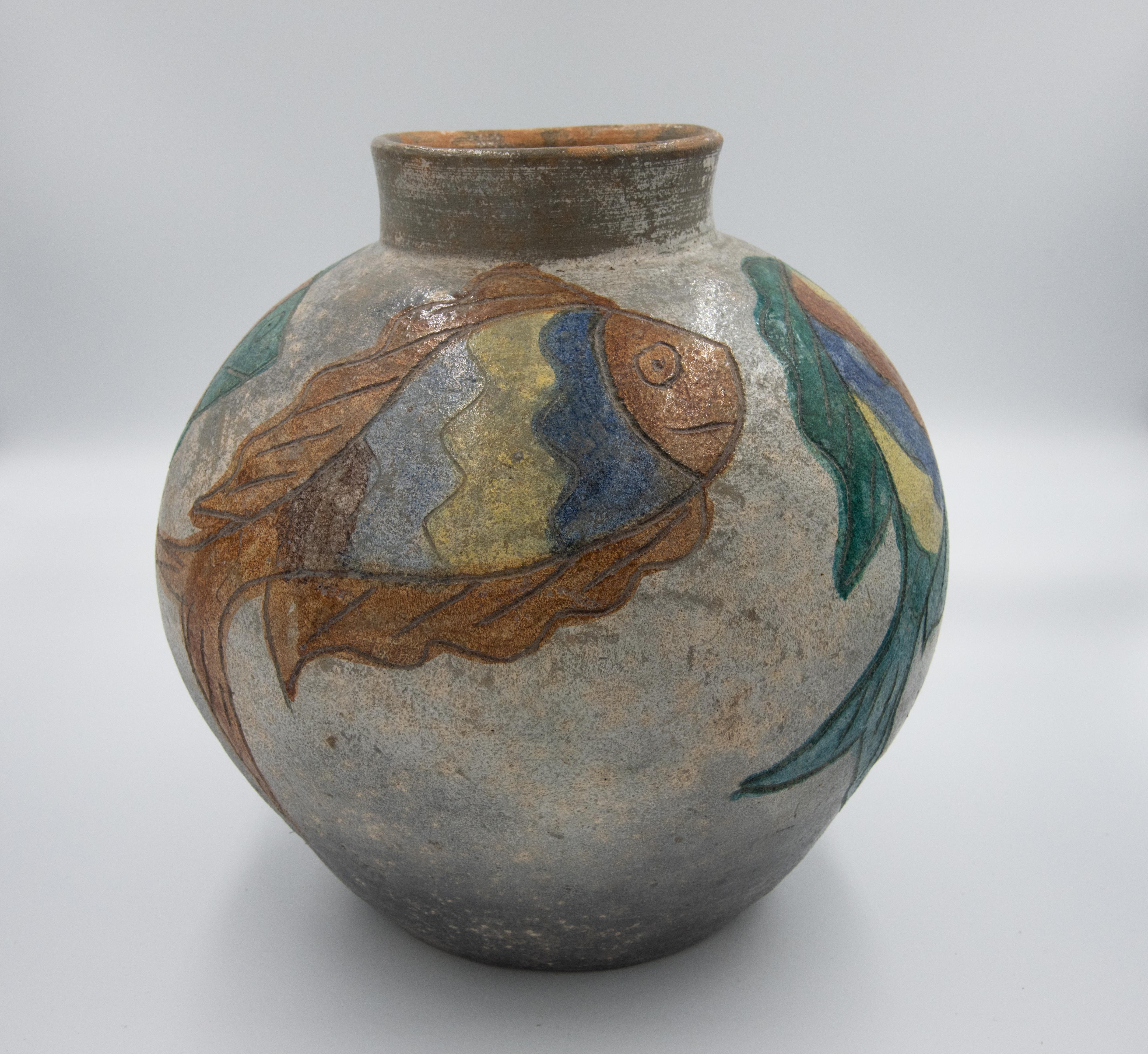 Late 20th Century Mexican Ceramic Jug Vase Fishes 1996 Dolores Porras Folk Art Decorative Vessel