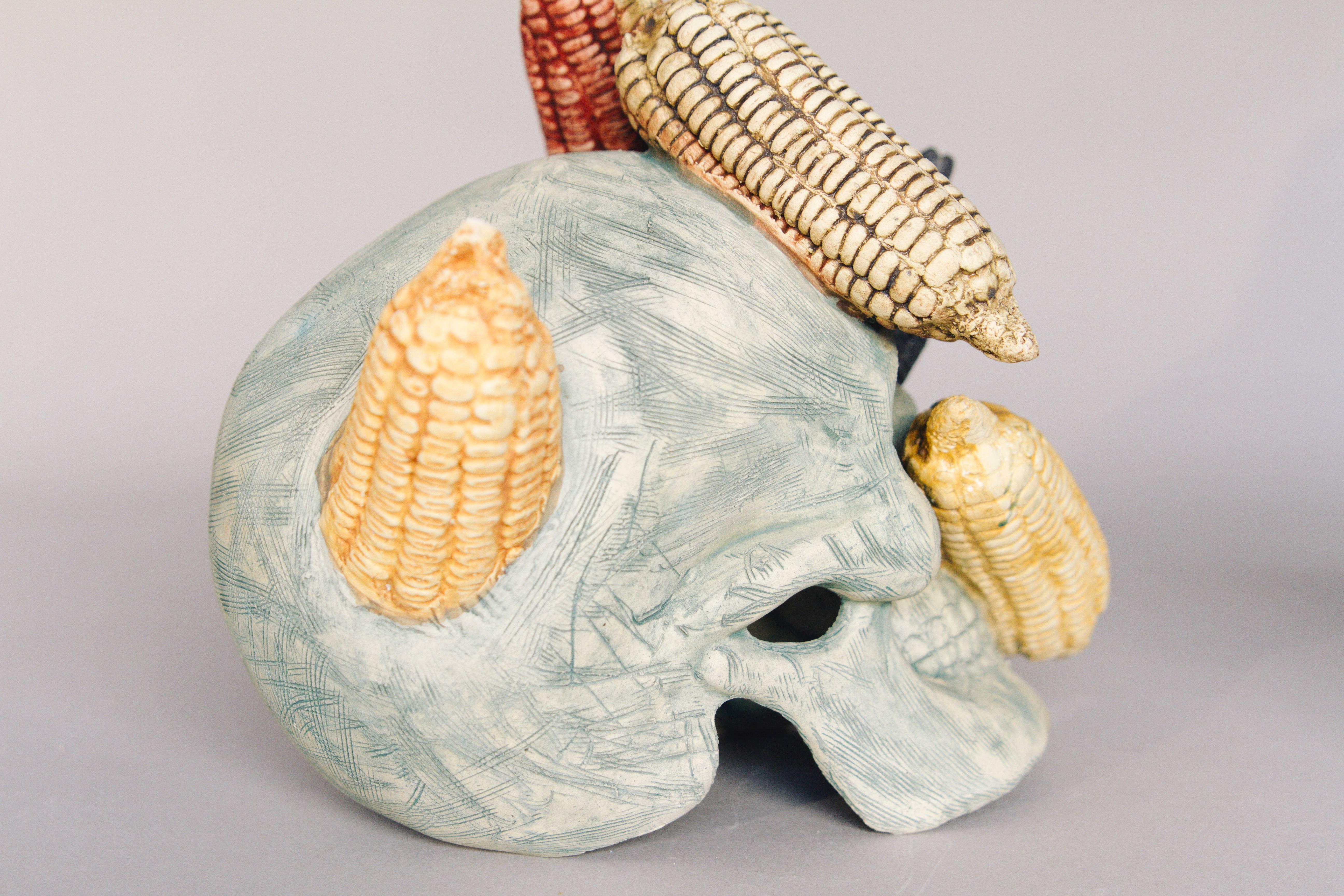 Hand-Crafted Mexican Ceramic Corn Skull Sculpture Hand Crafted Folk Art, Edition 1/30 For Sale