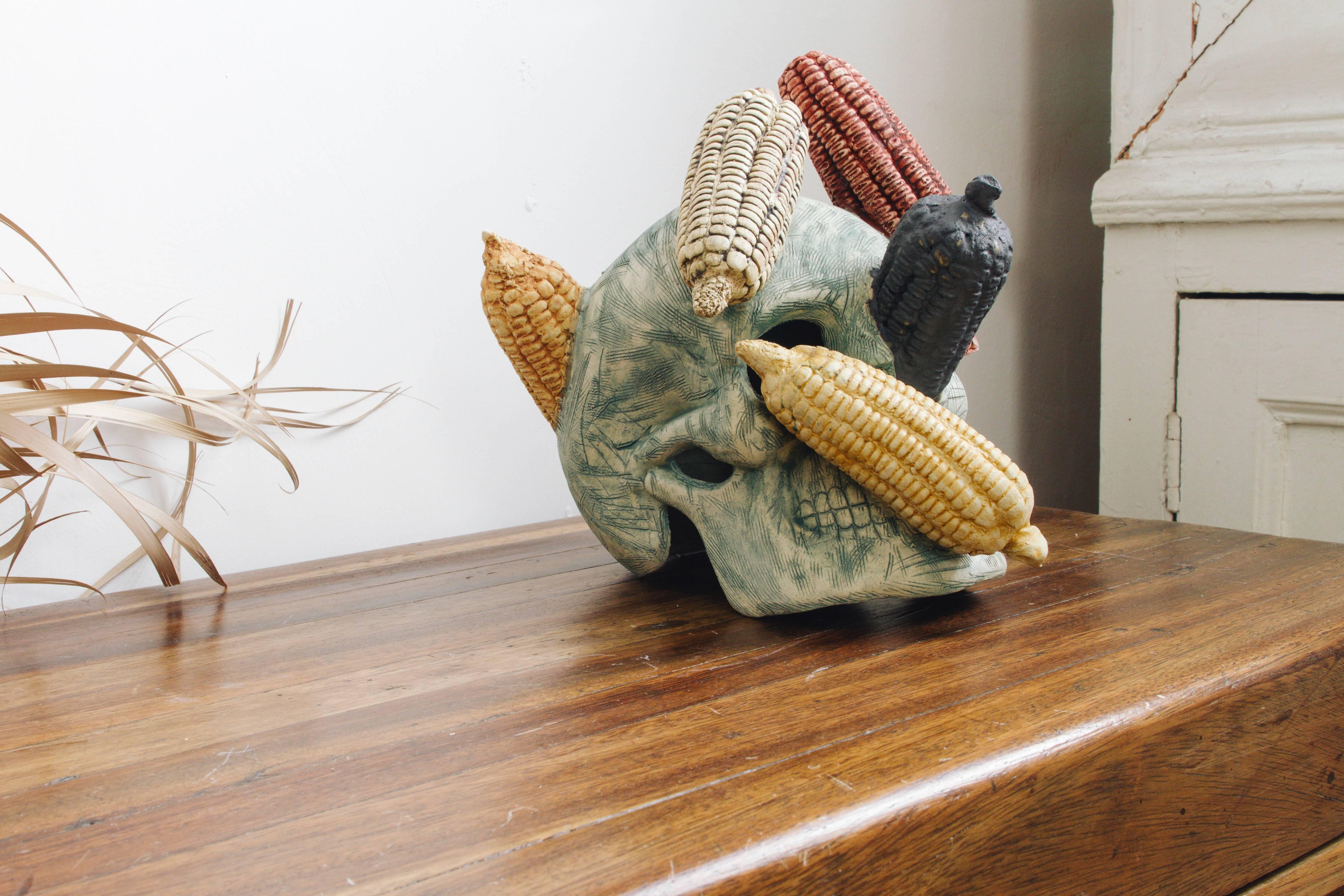 “My purpose in making this skull is to represent the different types of native maize that since remote times have brought food security to our ancestors, giving them the time to develop the knowledge and arts to the extent they did,” says Mexican