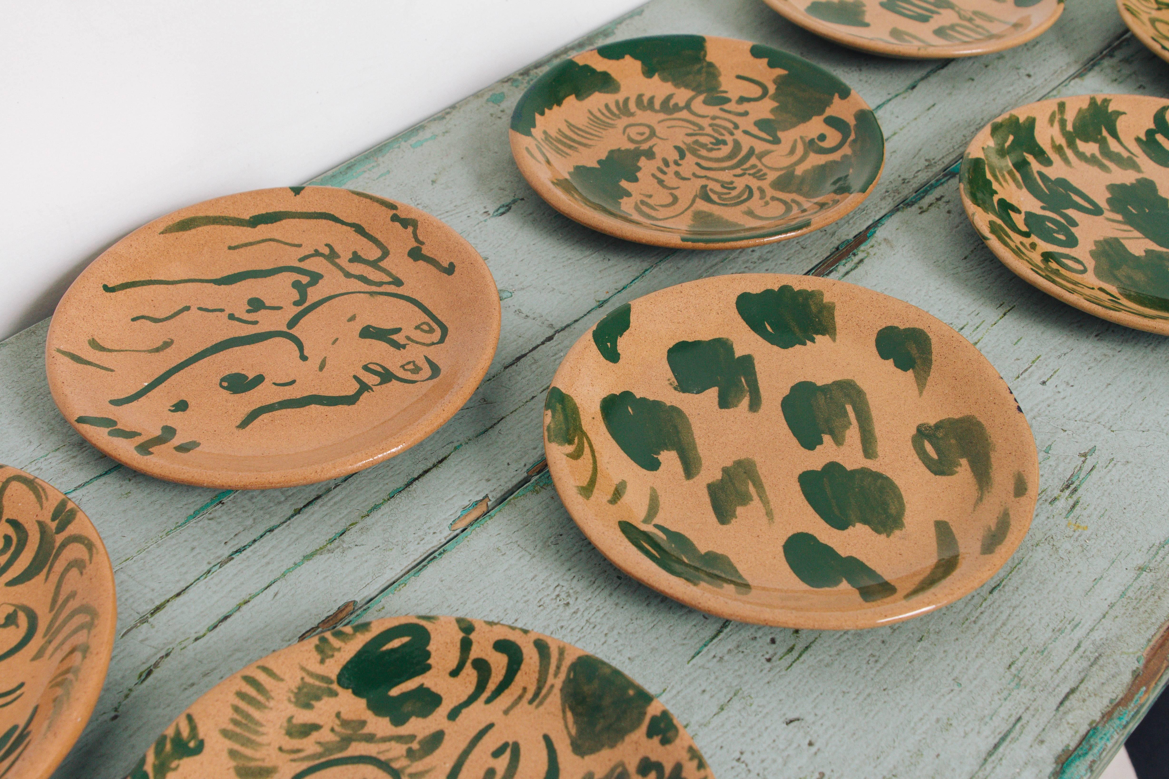 Mexican Set of 12 Decorative Green Midcentury Ceramic Handmade Plates