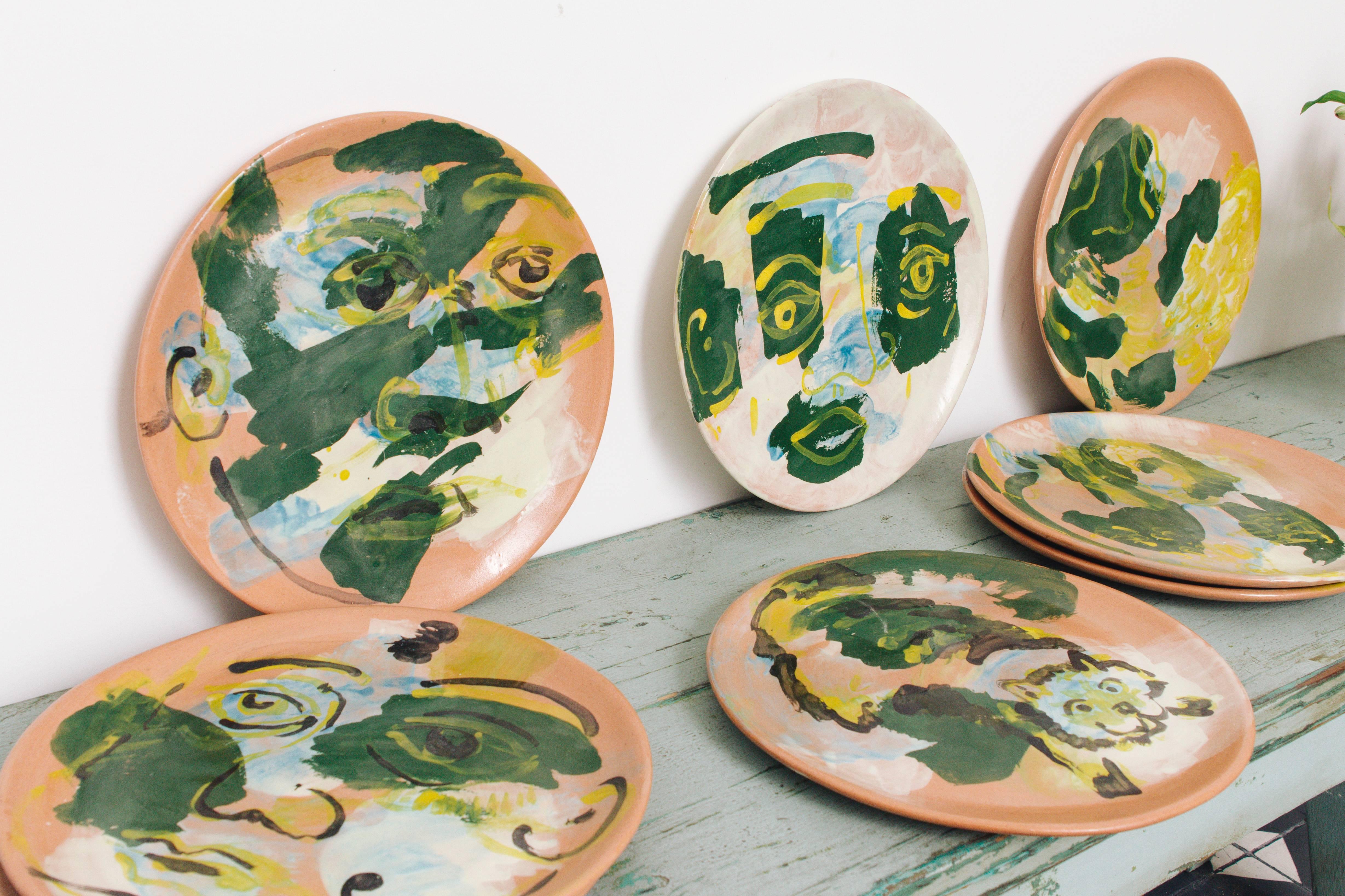Enameled Majolica Potter Plate Set Handmade Mid-Century Modern Green Yellow Blue Face  For Sale