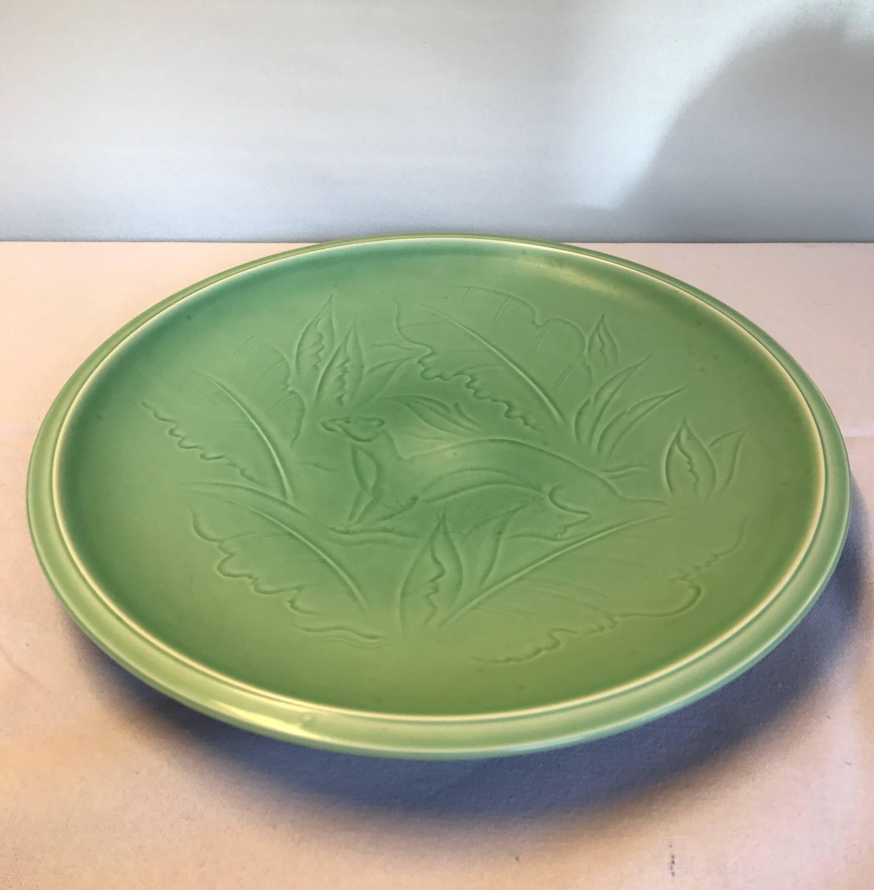 Danish Green Glazed Stoneware Dish, Nils Thorsson from Aluminia, 1950s, Denmark