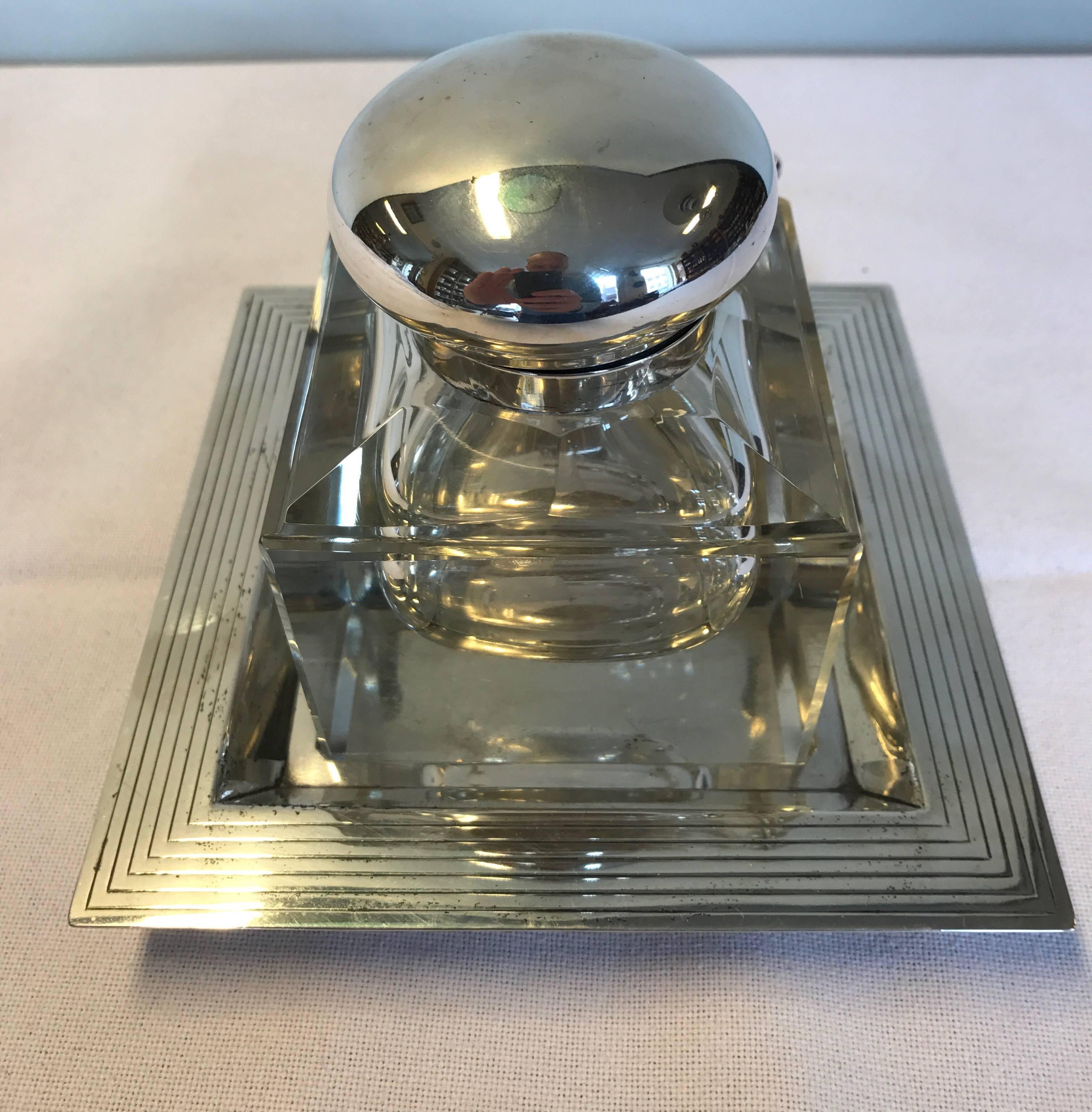 Inkwell set made of sterling silver 830, and ink container made of Crystal/Glass with silver lid, Art Deco style, 1920s Denmark/Copenhagen Master stamp C.H.F./Cort Hannibal V.Franck. Base/Tray is 16x16 cm. and total height with crystal container 12