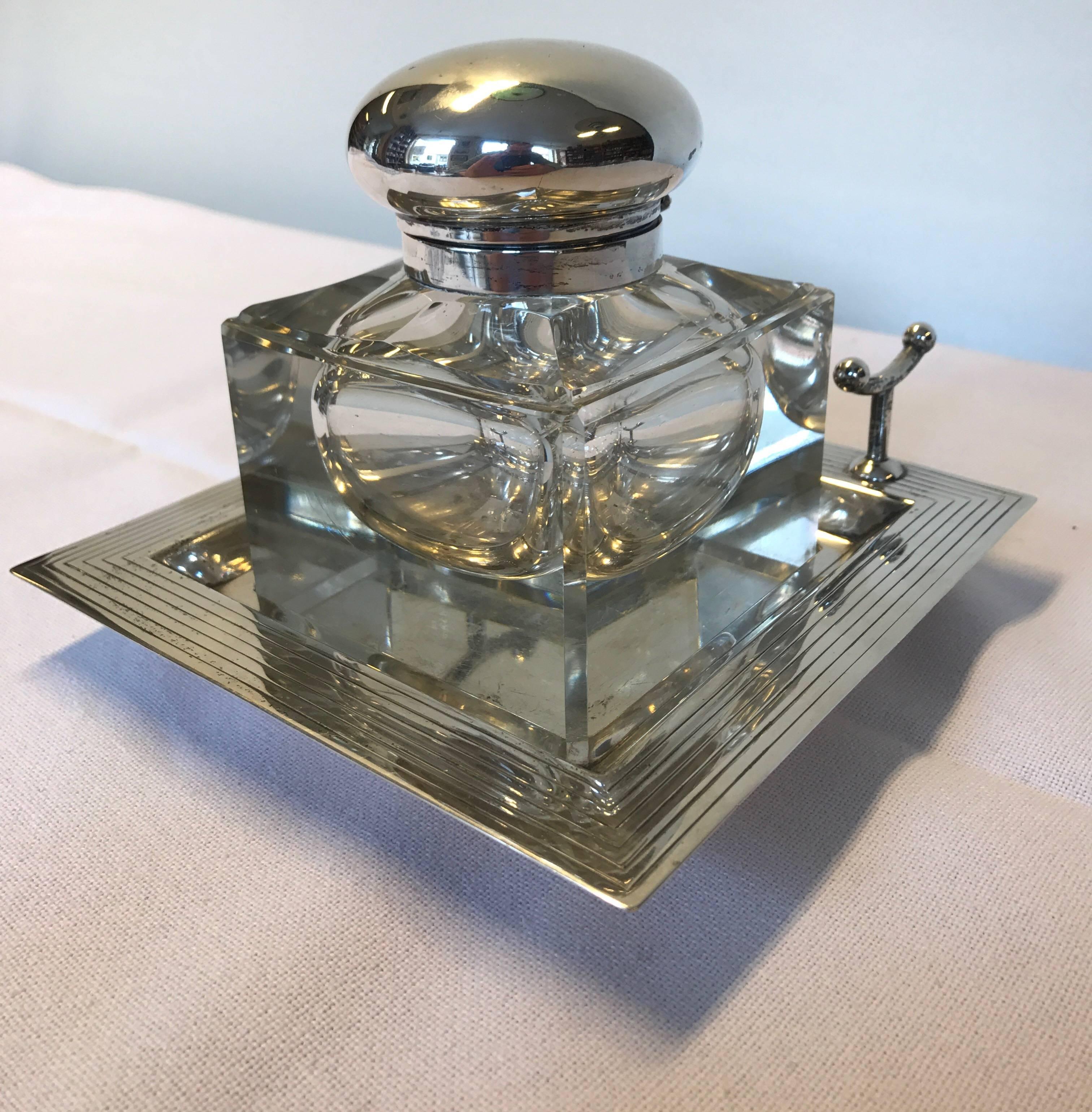 Danish Silver and Crystal Inkwell from 1920s Denmark Copenhagen, Master Stamp C.H.F