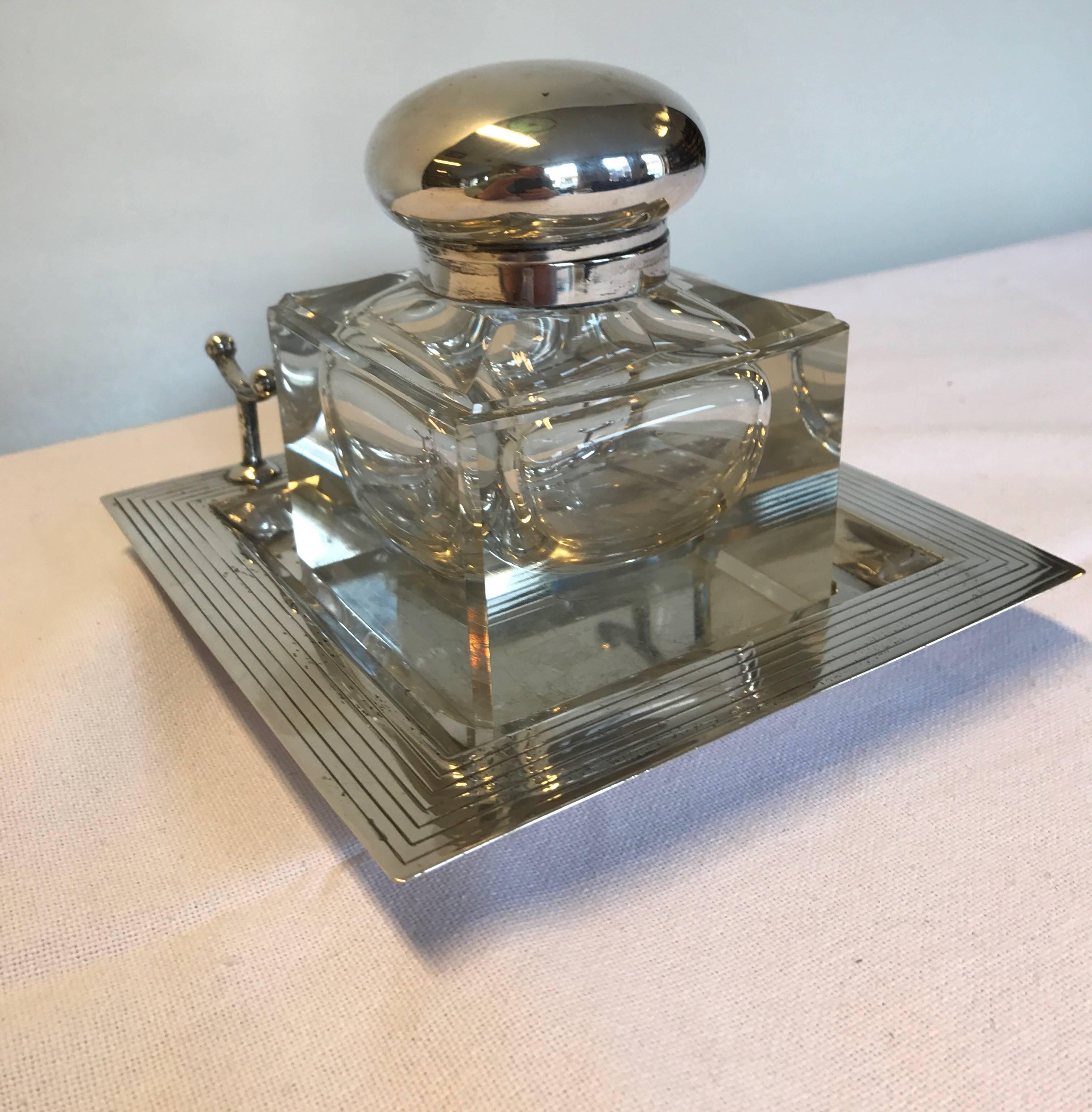 Early 20th Century Silver and Crystal Inkwell from 1920s Denmark Copenhagen, Master Stamp C.H.F