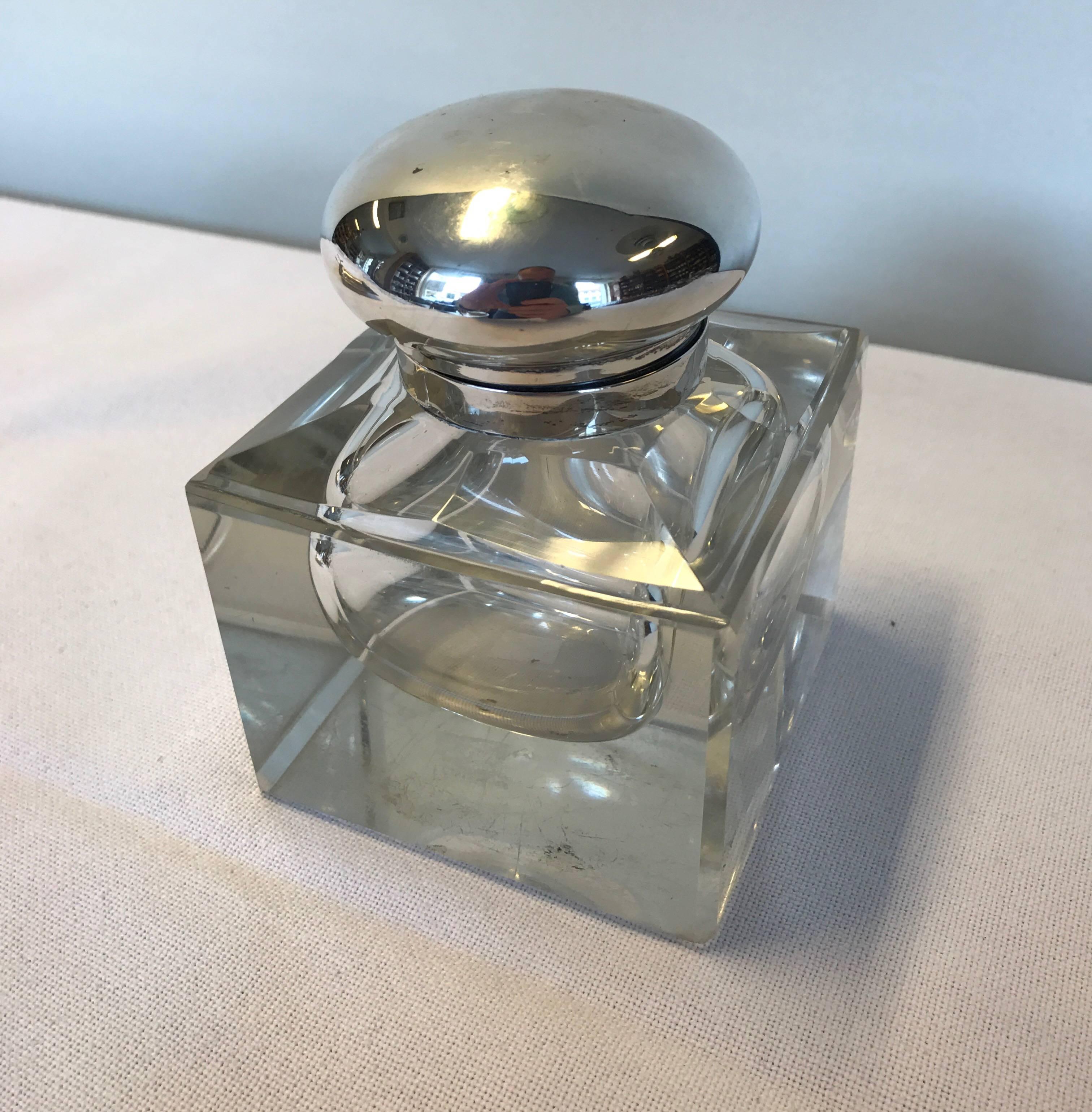 Silver and Crystal Inkwell from 1920s Denmark Copenhagen, Master Stamp C.H.F 1