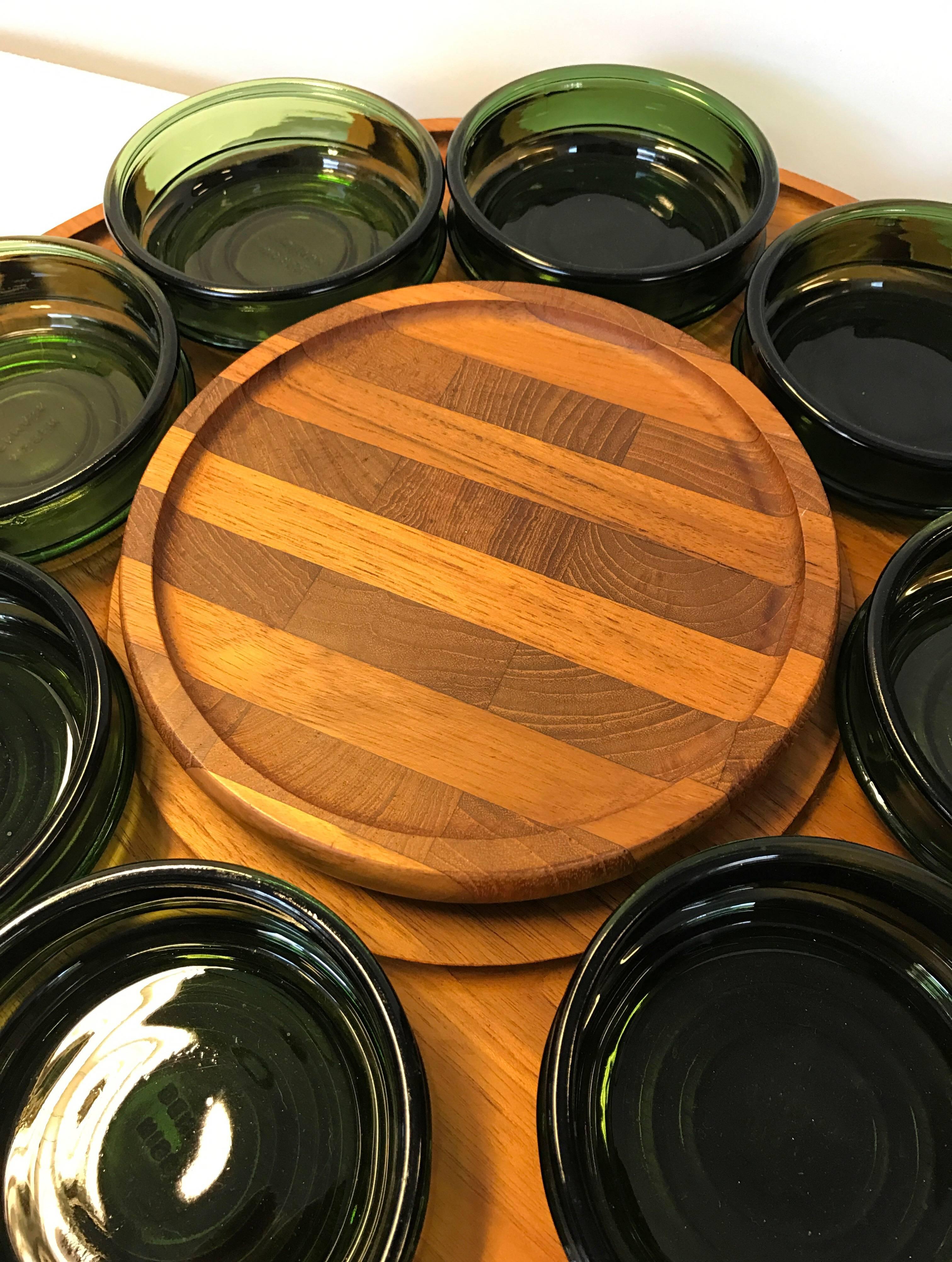 Danish Richard Nissen Teak Tapas Tray Eight Colered/Green Glass Containers, Denmark