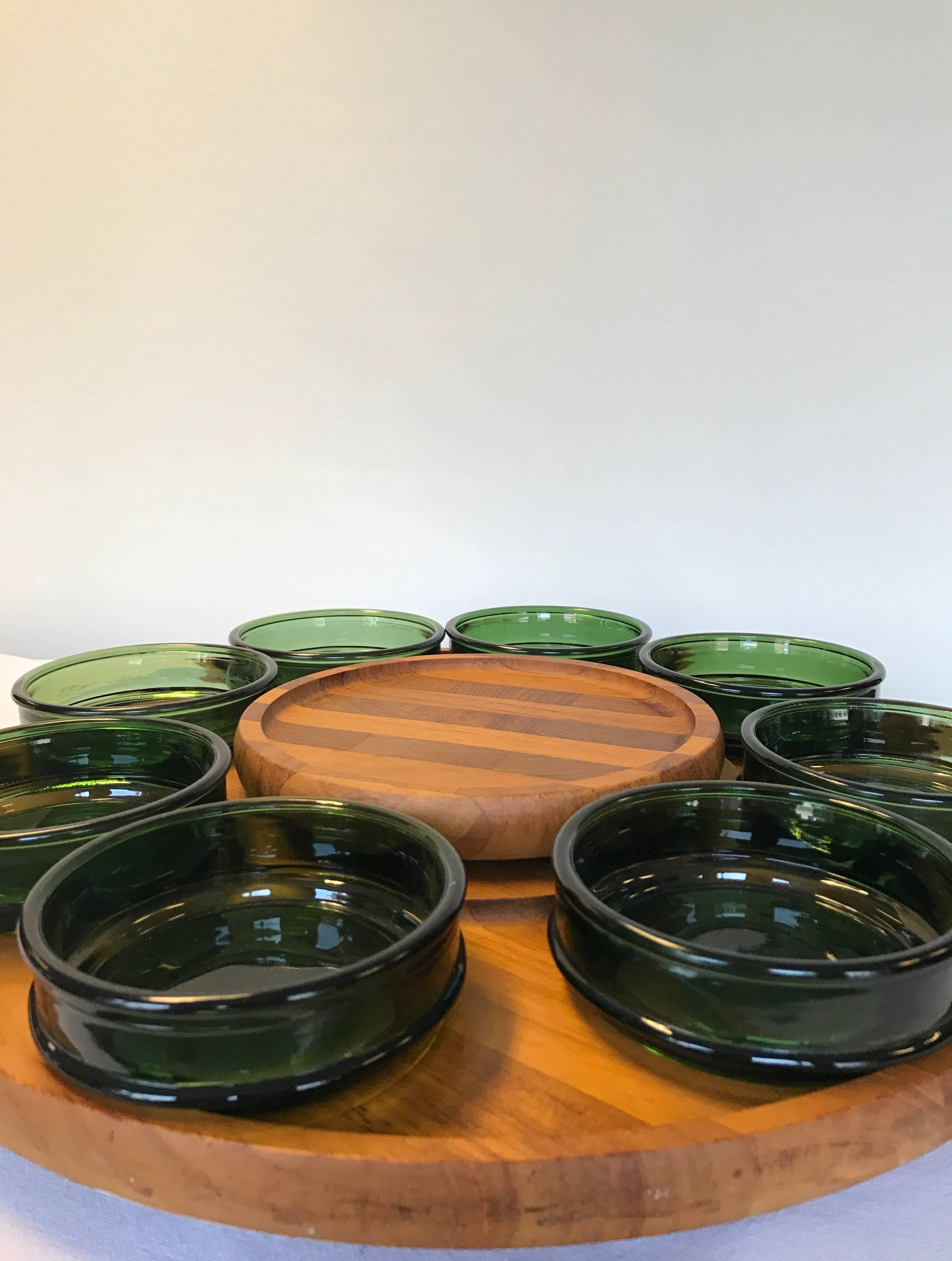 Richard Nissen Teak Tapas Tray Eight Colered/Green Glass Containers, Denmark In Excellent Condition In Copenhagen, DK
