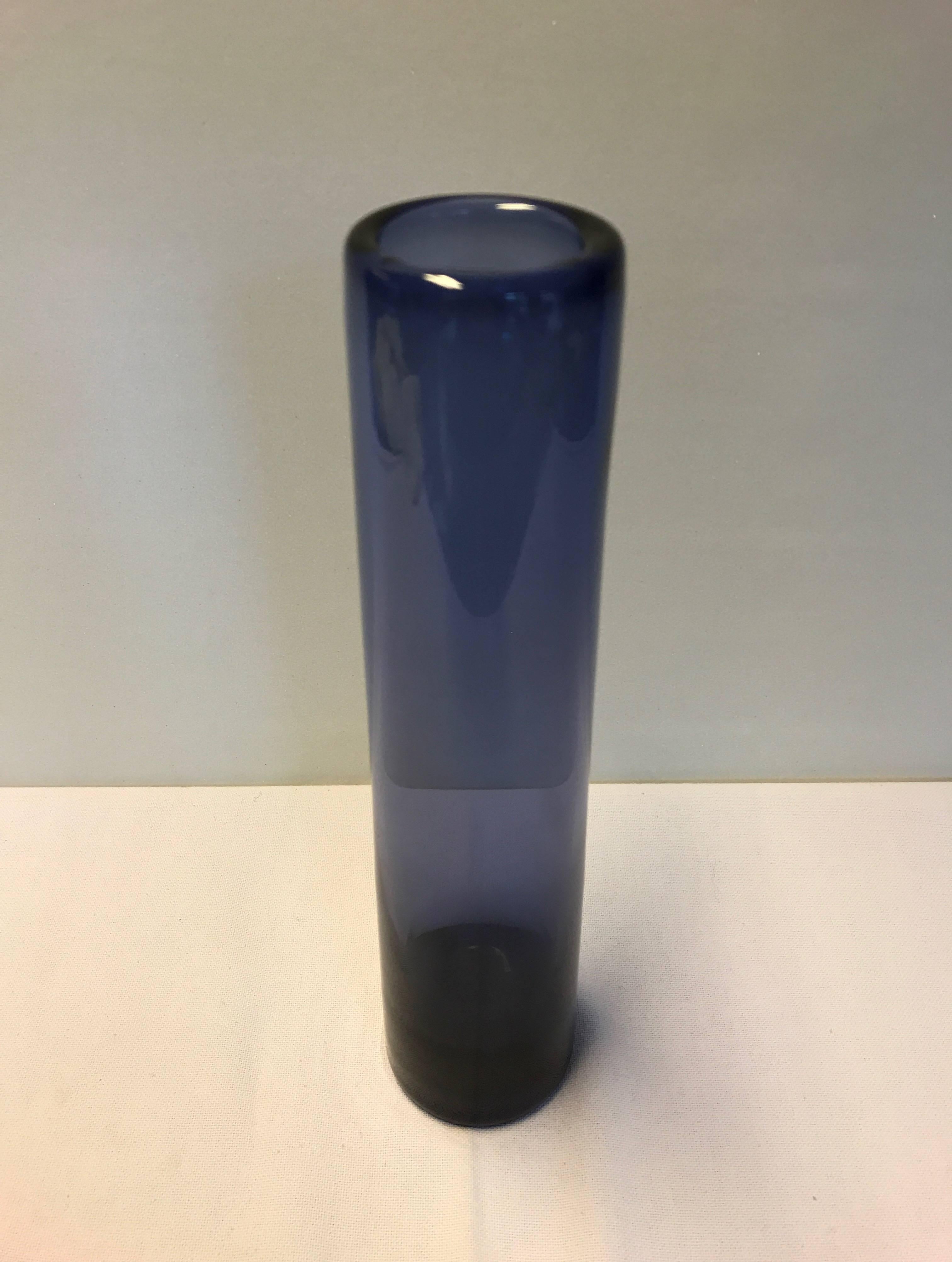 Tall Holmegaard blue art glass vase, designed by Per Lutken, 1960s, Denmark. in good condition with minimal marks, normal age and use. Diameter of base 7 cm and height 31 cm.