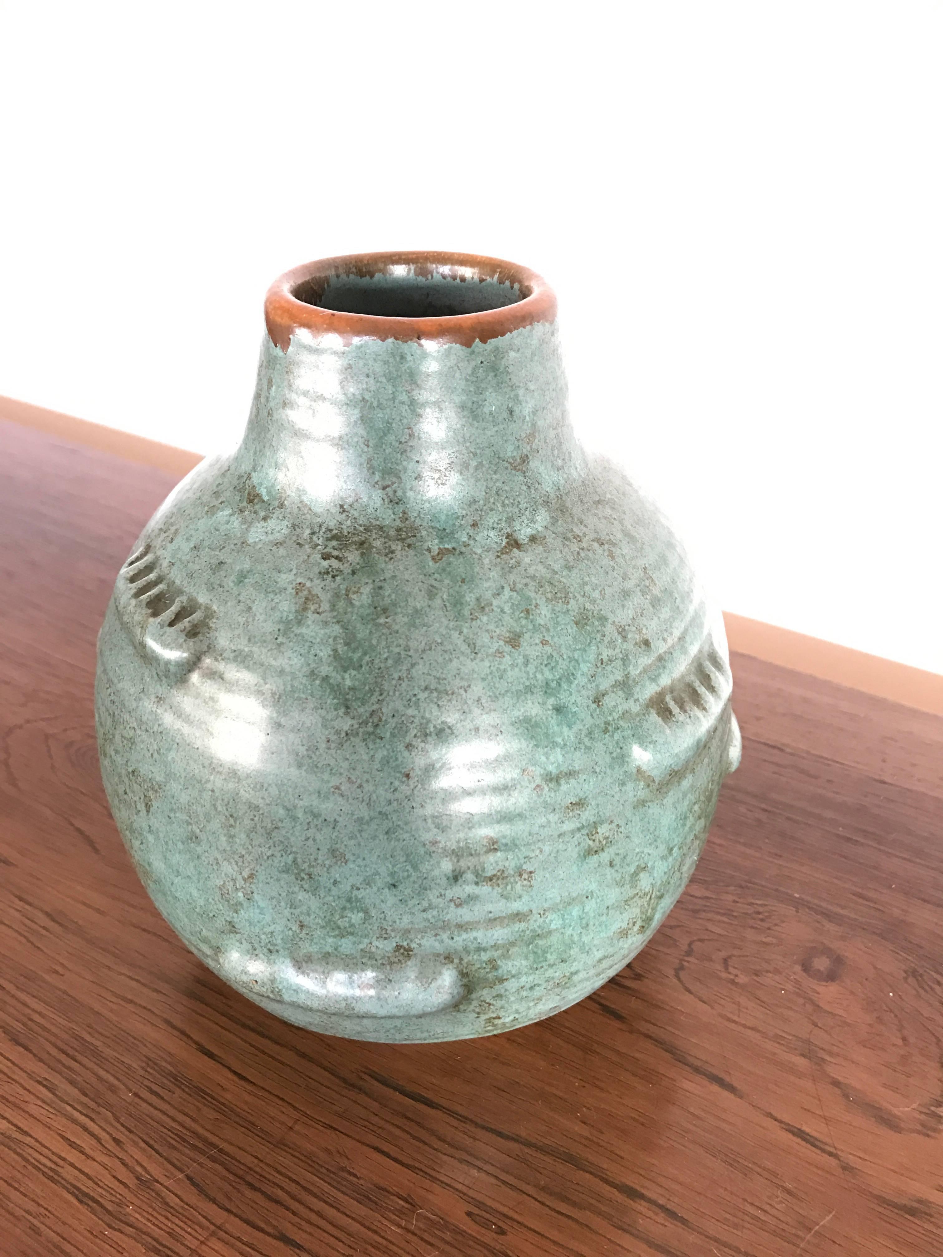 Danish Michael Andersen Stoneware Vase with Green Glaze, 1930s from Denmark