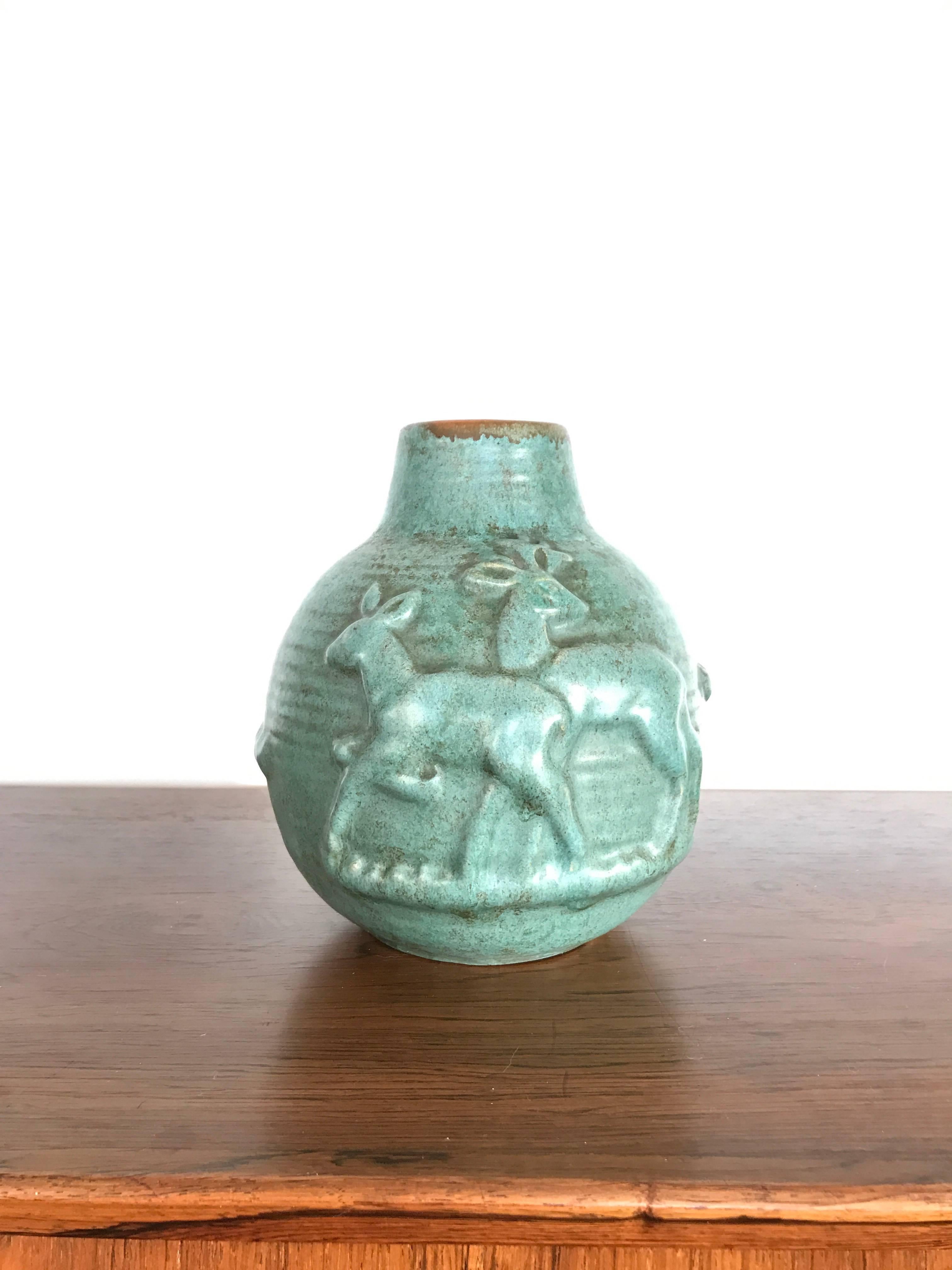 Michael Andersen Stoneware Vase with Green Glaze, 1930s from Denmark 3