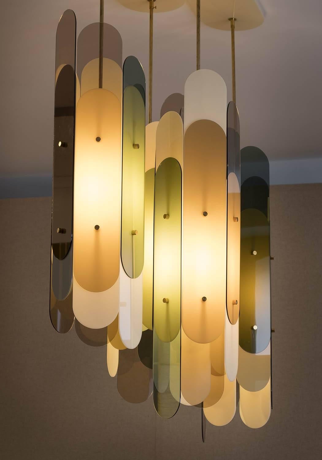 Danish Contemporary Chandelier STAFA in Brass and Plexiglass in various translucencies For Sale