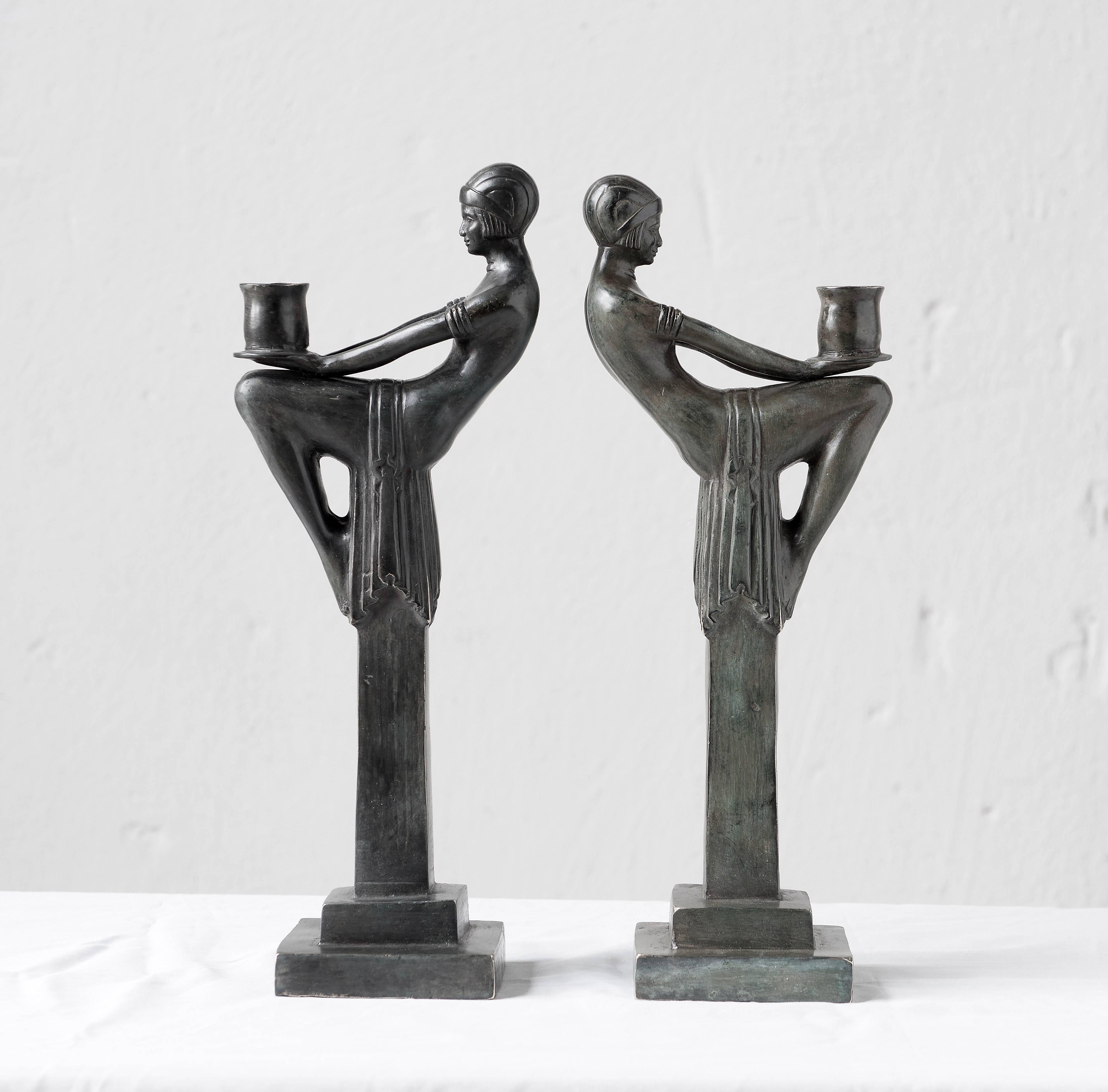 Pair of Candlesticks in Patinated Bronze Art Deco Style In Good Condition In Helsingborg, SE
