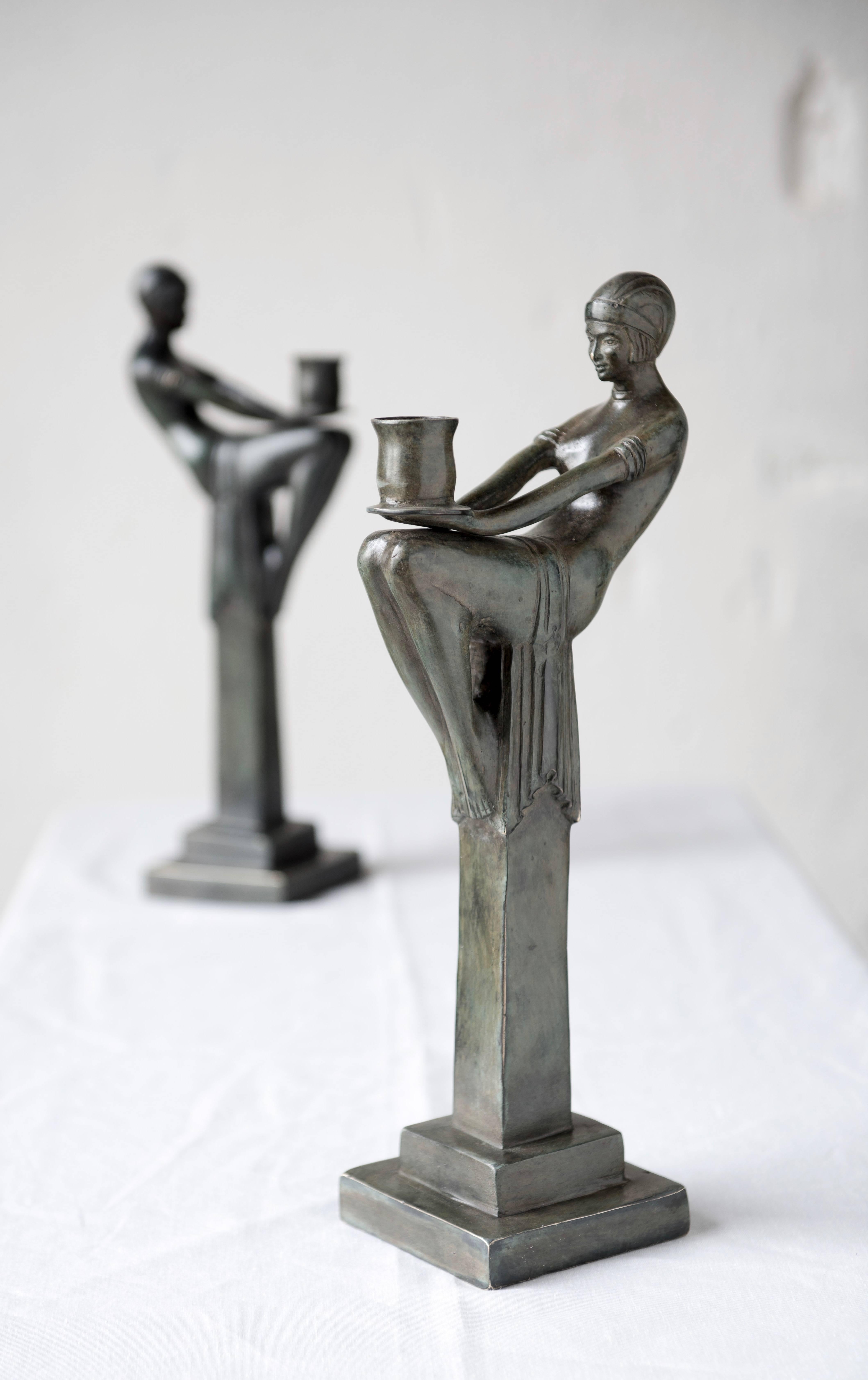 Molded Pair of Candlesticks in Patinated Bronze Art Deco Style