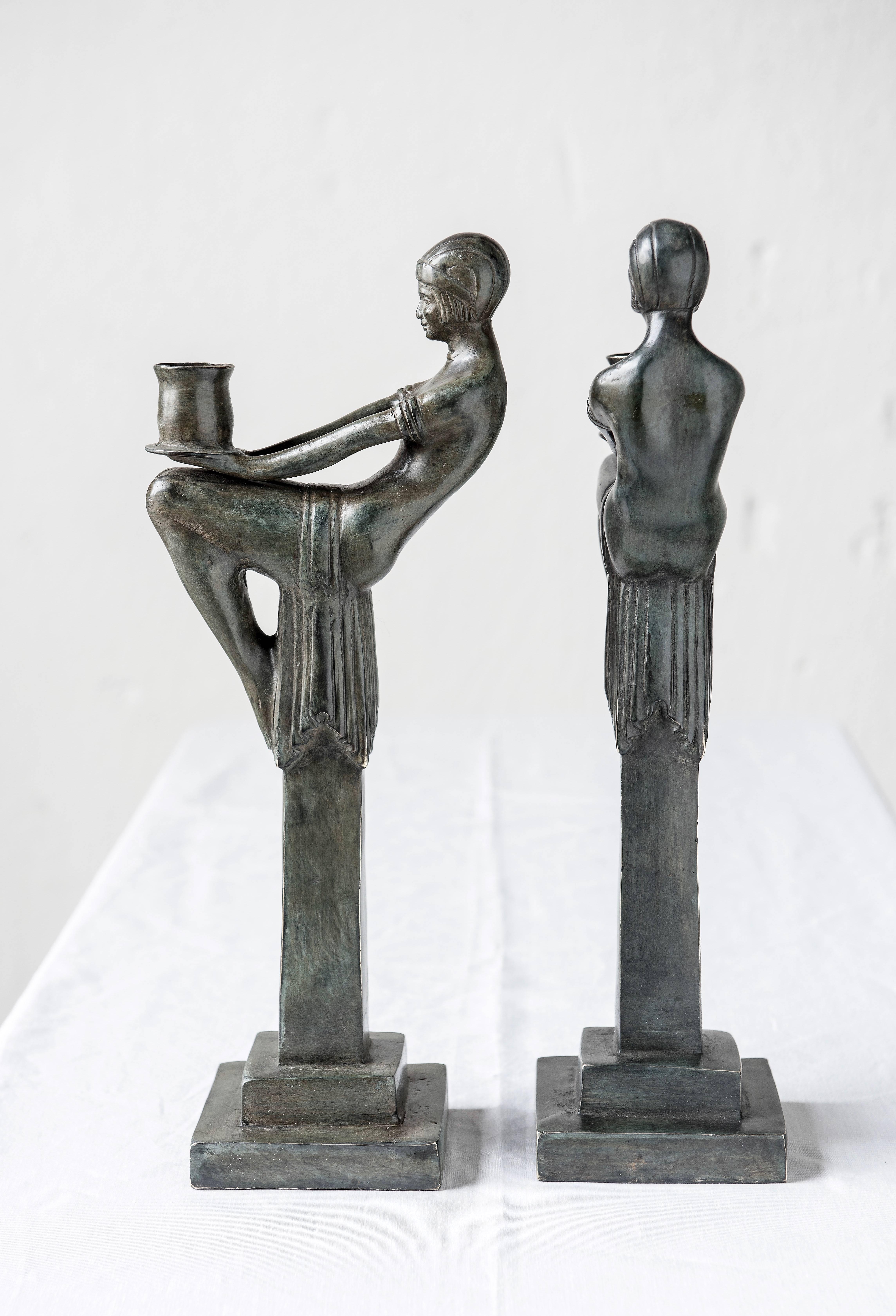 French Pair of Candlesticks in Patinated Bronze Art Deco Style