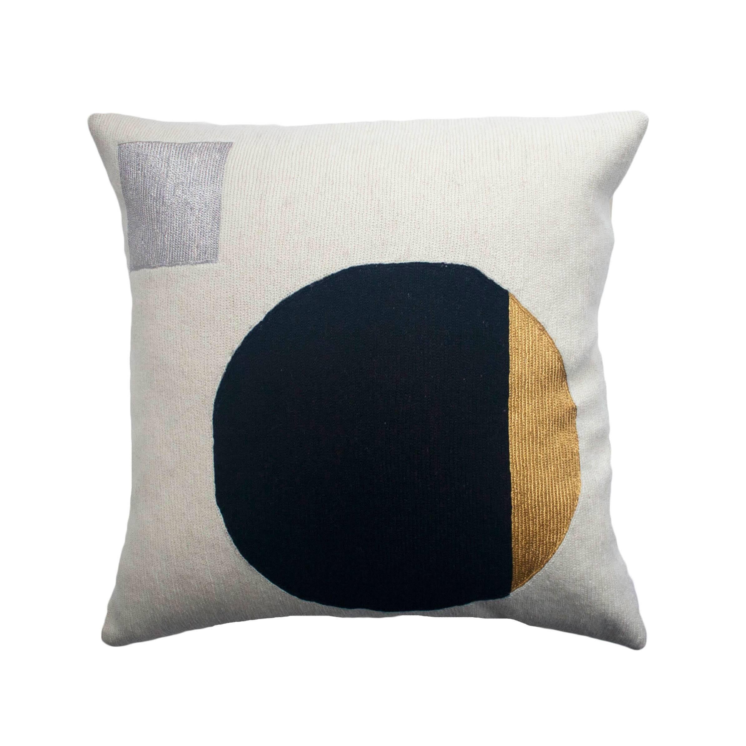 Modern Daphne Circle/Silver Hand Embroidered Geometric Wool Throw Pillow Cover