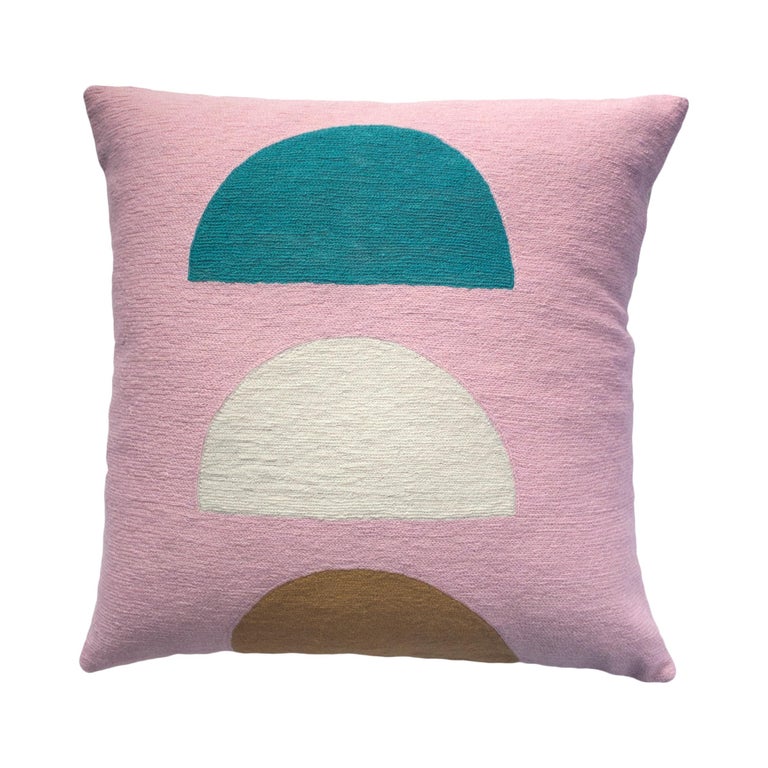 Viola Pink Hand Embroidered Modern Geometric Throw Pillow Cover For Sale