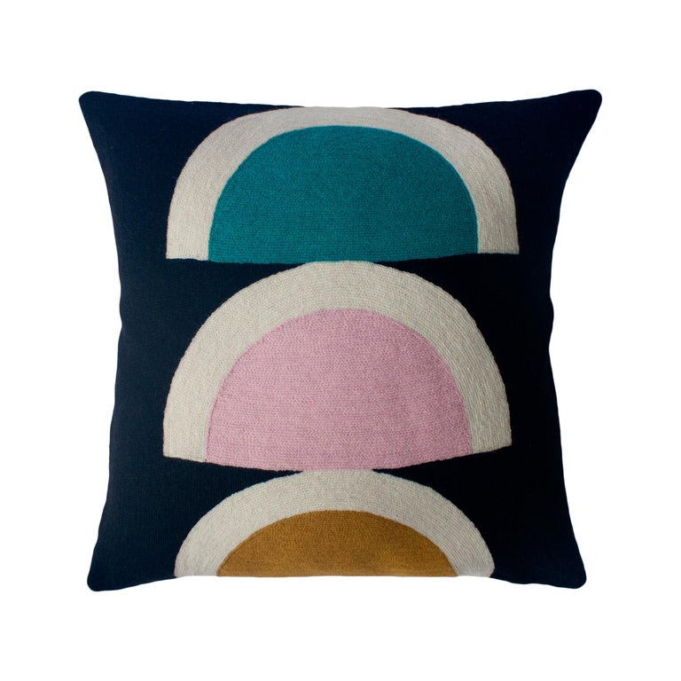 Viola Black Hand Embroidered Modern Geometric Throw Pillow Cover For Sale