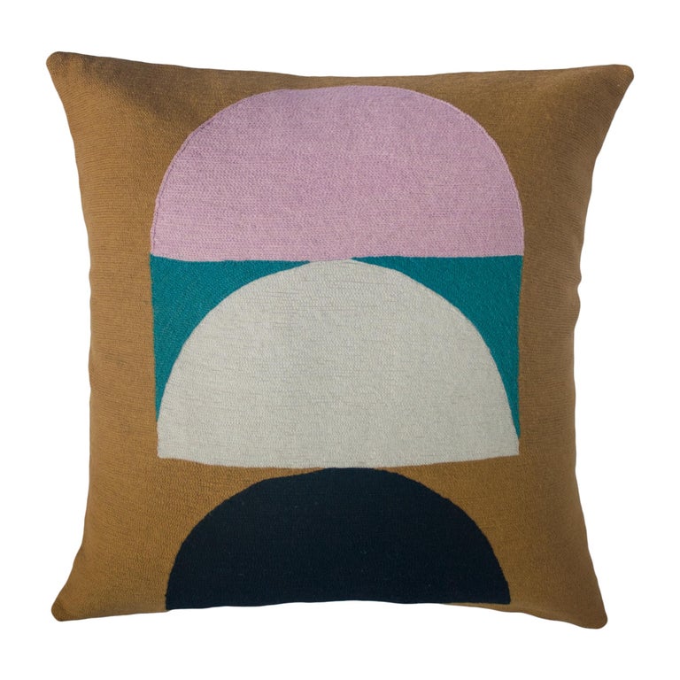 Viola Ochre Hand Embroidered Modern Geometric Throw Pillow Cover For Sale