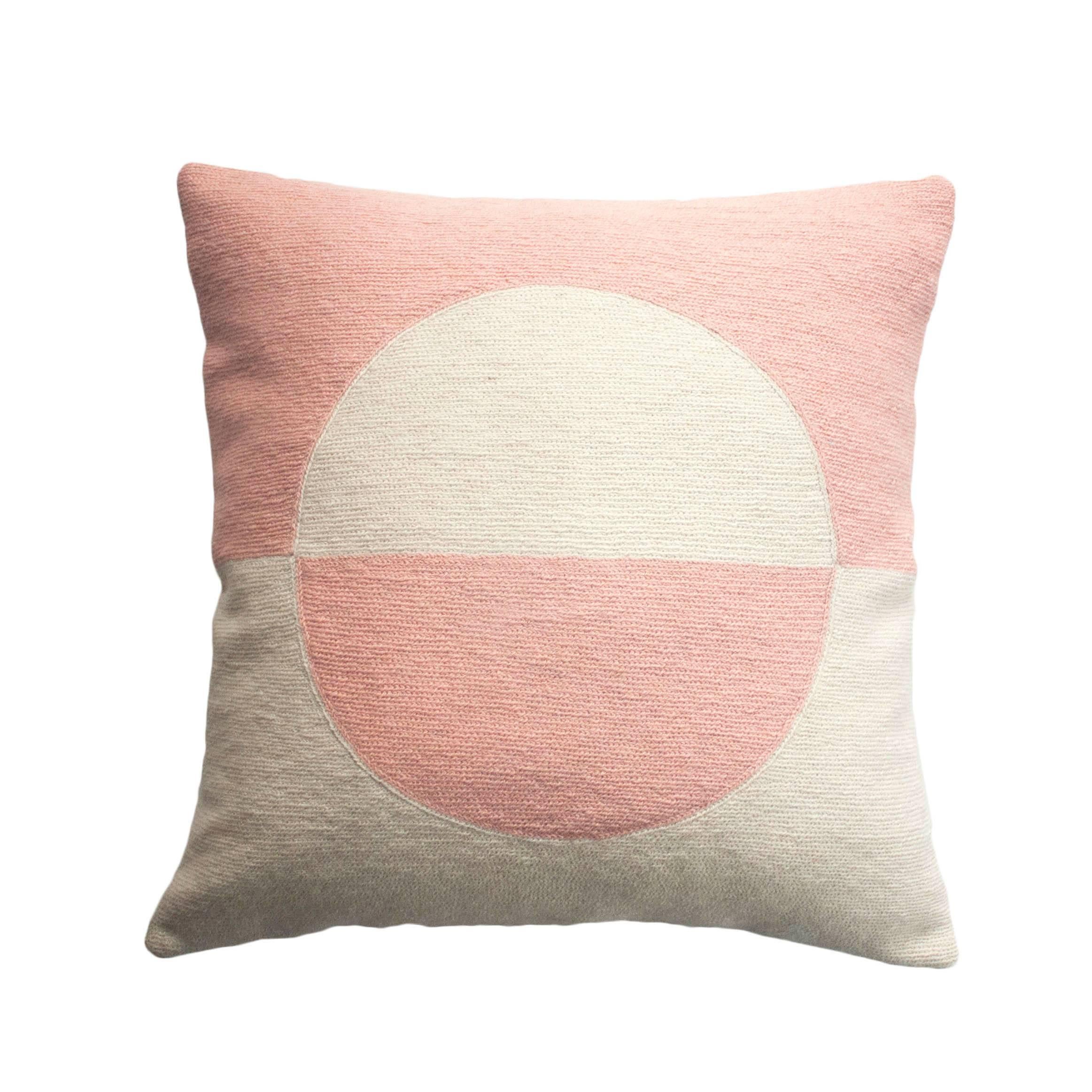 Modern Daphne Circle/Pink Hand Embroidered Geometric Wool Throw Pillow Cover