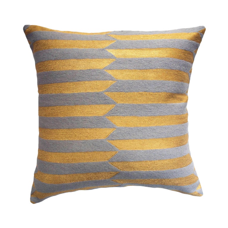 Modern Nicole Circus Hand Embroidered Striped Grey and Metallic Throw Pillow Cover For Sale at ...