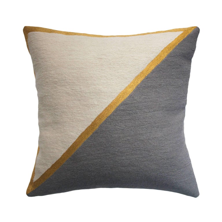 Modern Nicole Grey Hand Embroidered Geometric and Metallic Throw Pillow Cover For Sale at 1stdibs