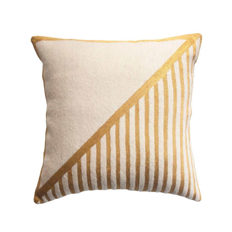 Modern Nicole Striped Hand Embroidered Geometric and Gold Throw Pillow Cover at 1stdibs