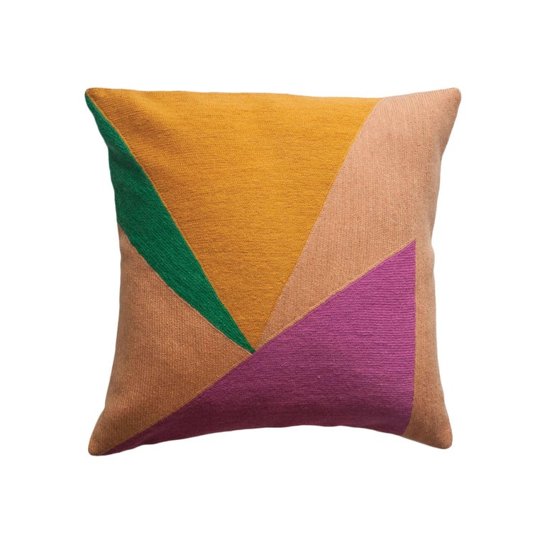 Modern Renzo Triangles Hand Embroidered Geometric Throw Pillow Cover For Sale at 1stdibs