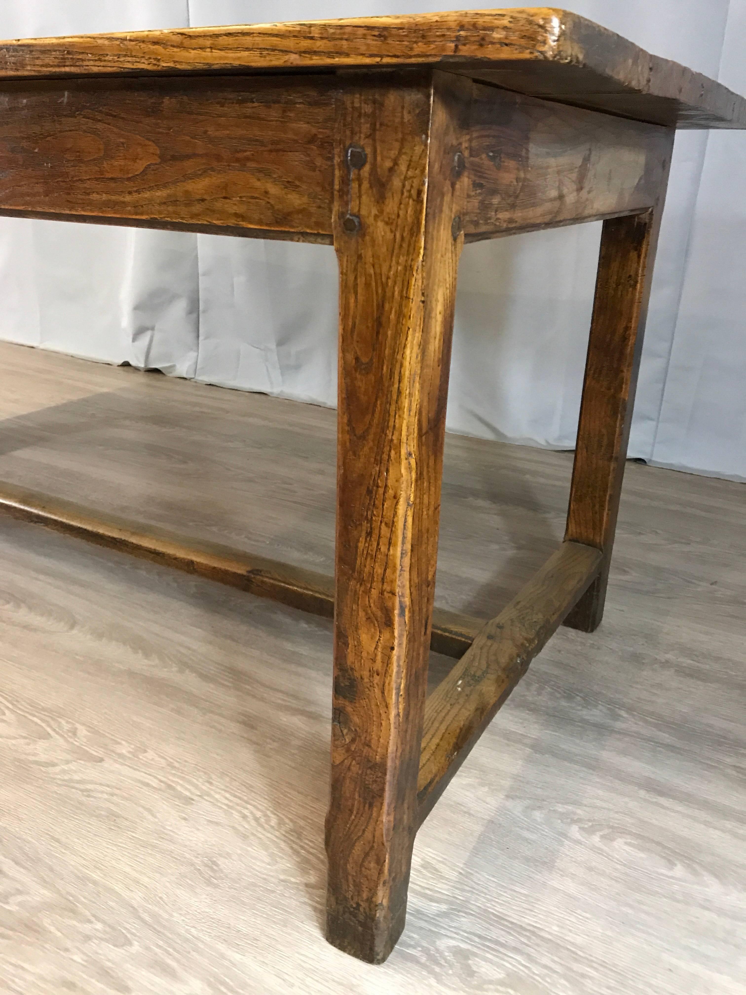 French Provincial Beautiful Oak Refectory Antique Table with Stretcher, circa 1840