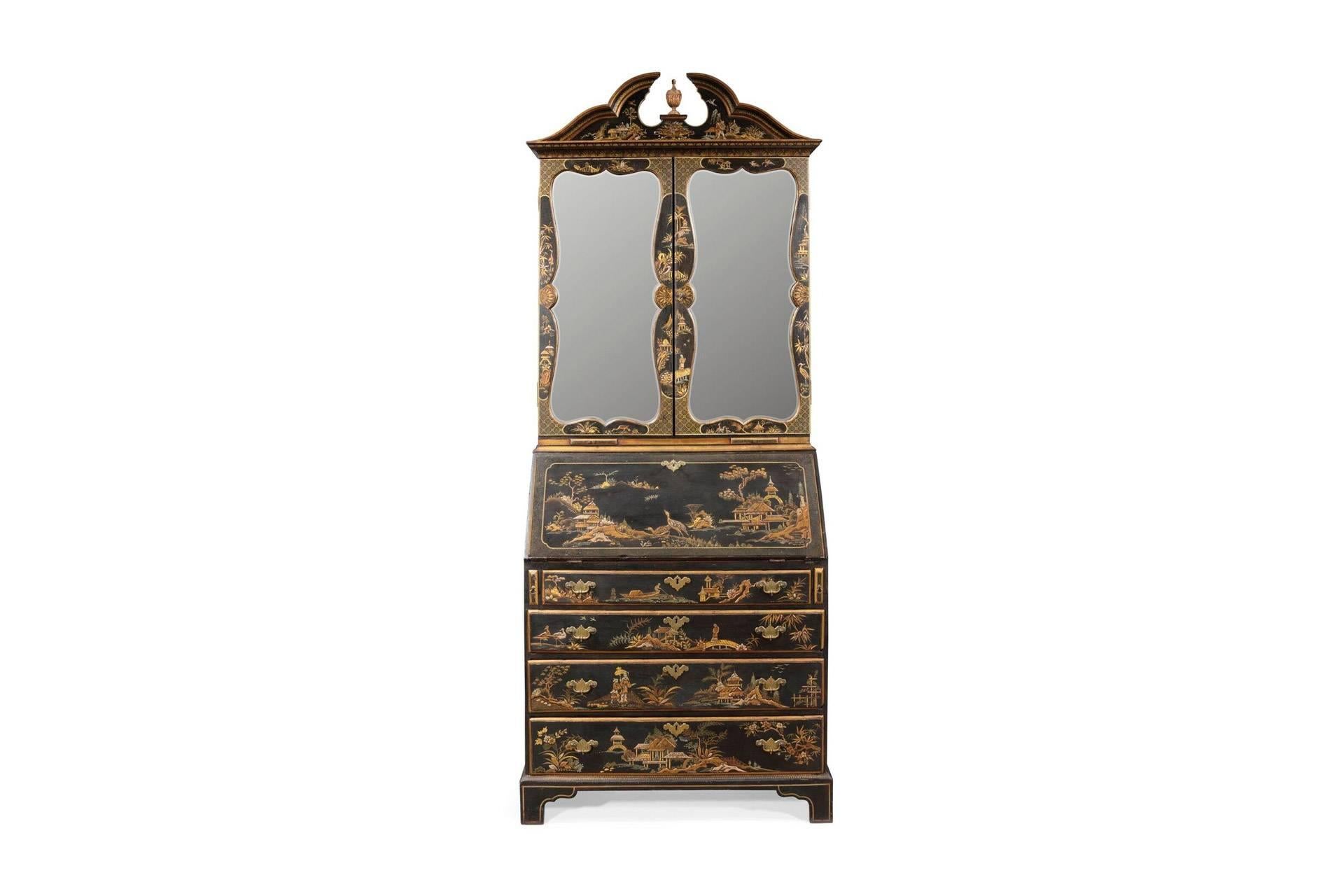 Incredible George III style cabinet with Chinese landscapes and figures painted in gold. Exterior lacquered in black. Interior in red lacquer with intrinsic oriental motives and ornaments hand-painted.
          