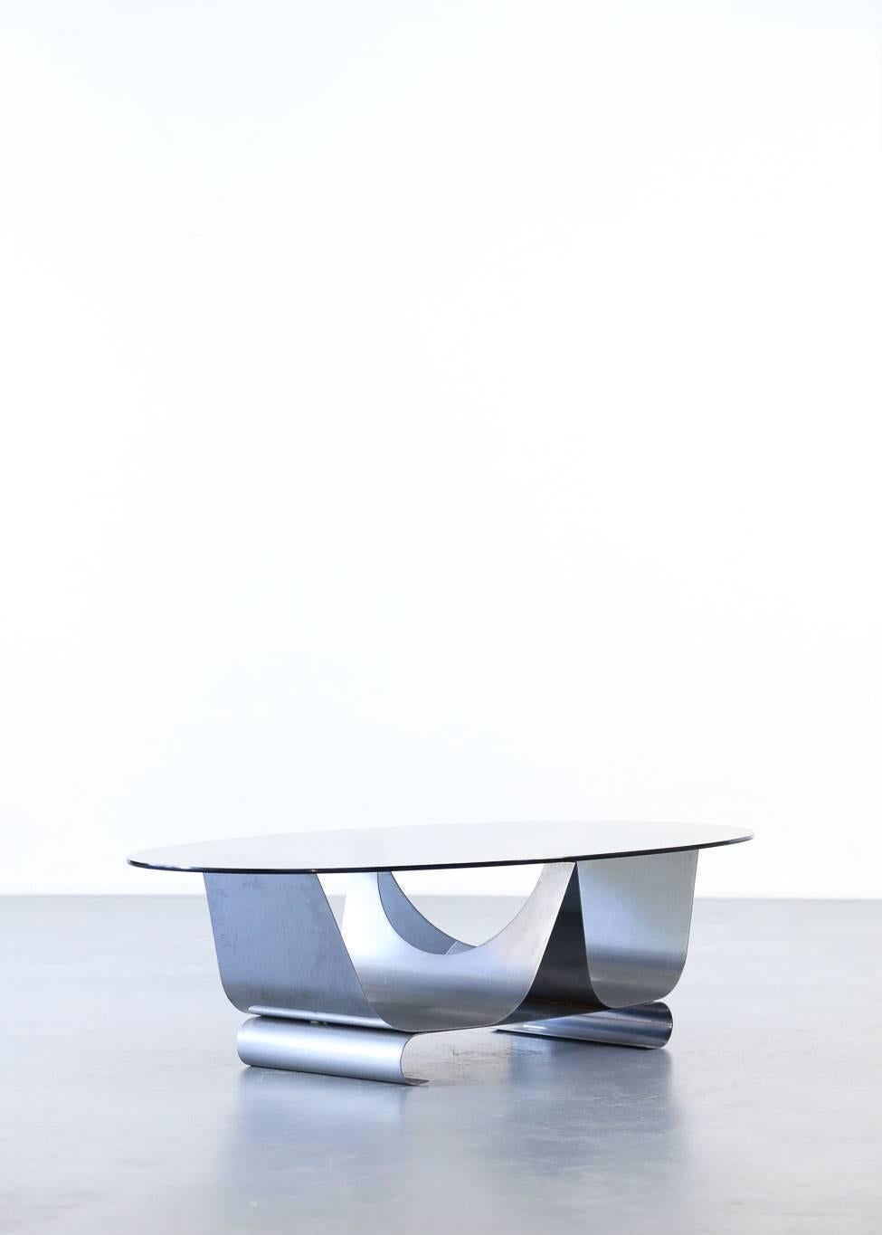 Coffee Table Francois Monnet for Kappa, 1970 Oval Glass and Steel In Good Condition In Lyon, FR