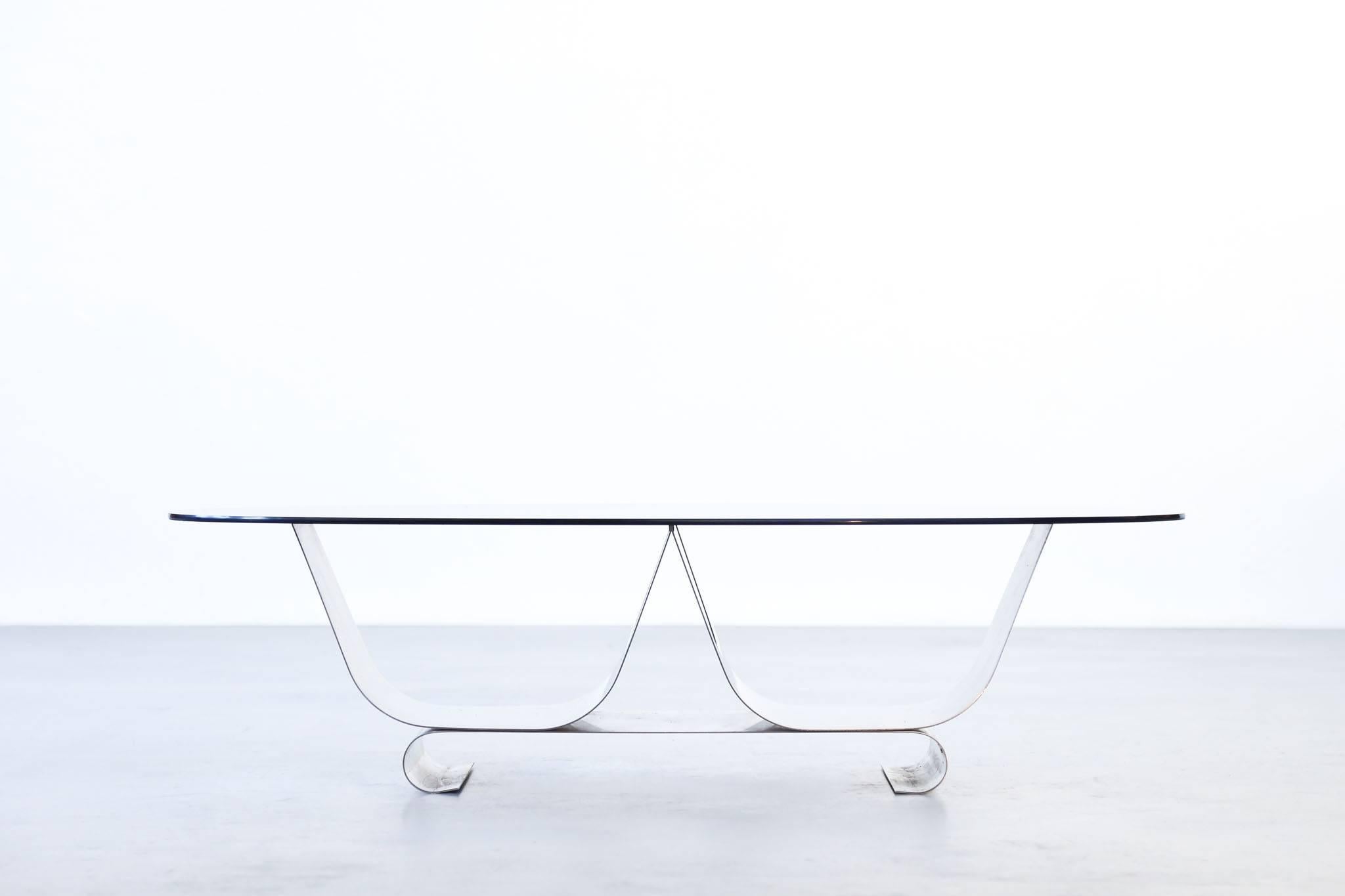 Coffee Table Francois Monnet for Kappa, 1970 Oval Glass and Steel 3
