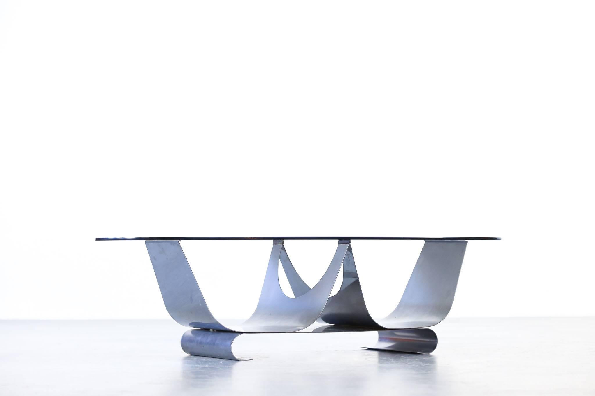 French Coffee Table Francois Monnet for Kappa, 1970 Oval Glass and Steel