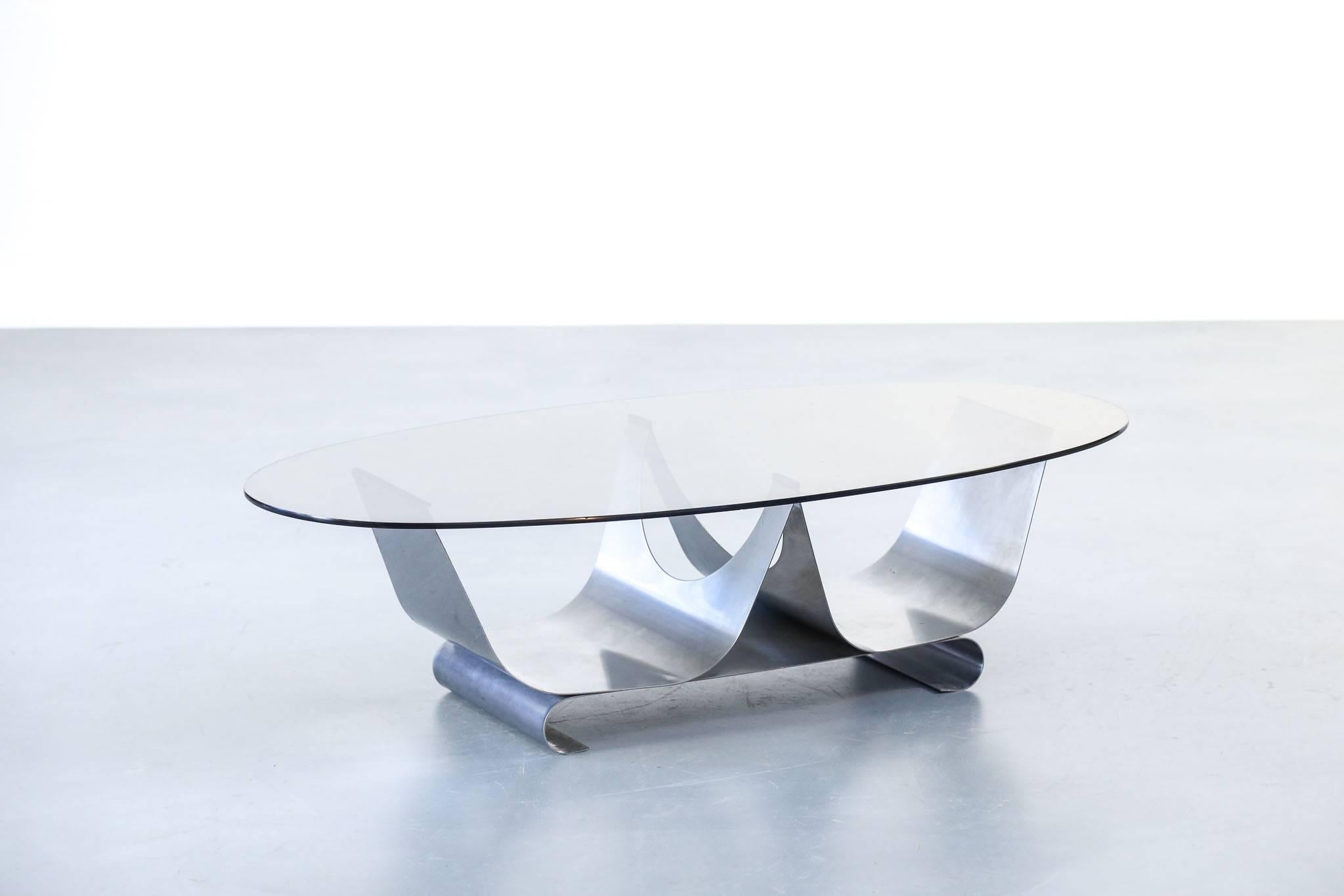Mid-Century Modern Coffee Table Francois Monnet for Kappa, 1970 Oval Glass and Steel