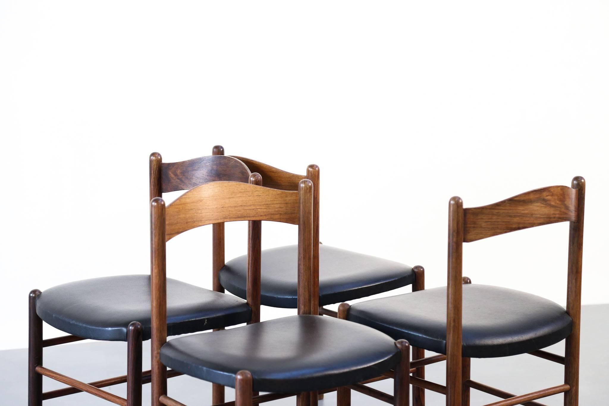 Faux Leather Set of Four Dining Chairs Scandinavian Danish Teak, 1960 Design Midcentury