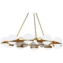 Style of Stilnovo Italian Chandelier Opaline Brass Large Sculptural Modernist