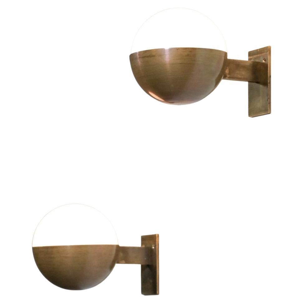 Pair of Small Modern Italian Sconces "Dino" Opaline and Brass Vintage Design For Sale