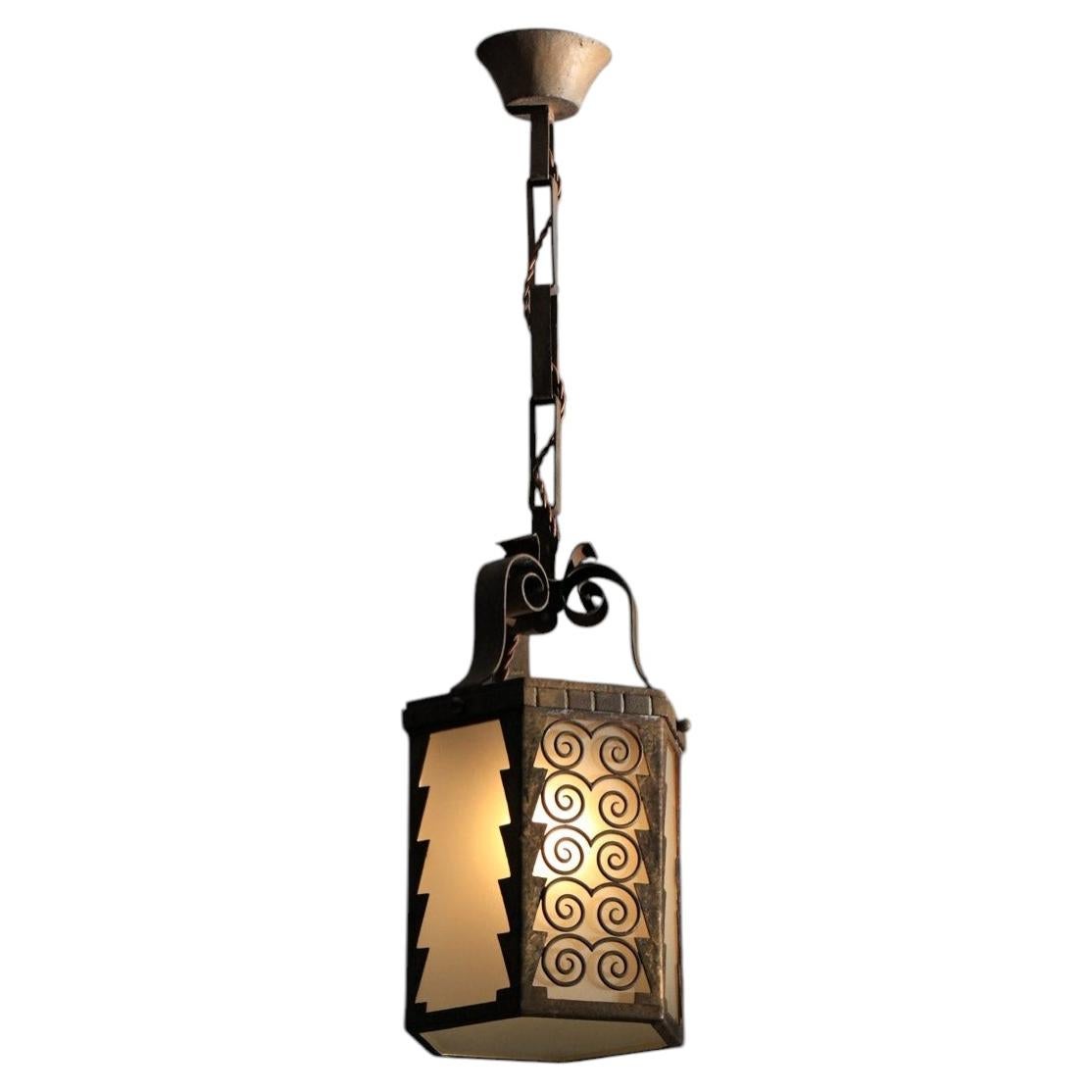 Set of 3 wrought iron hexagonal lanterns from the 1930s - J560 For Sale