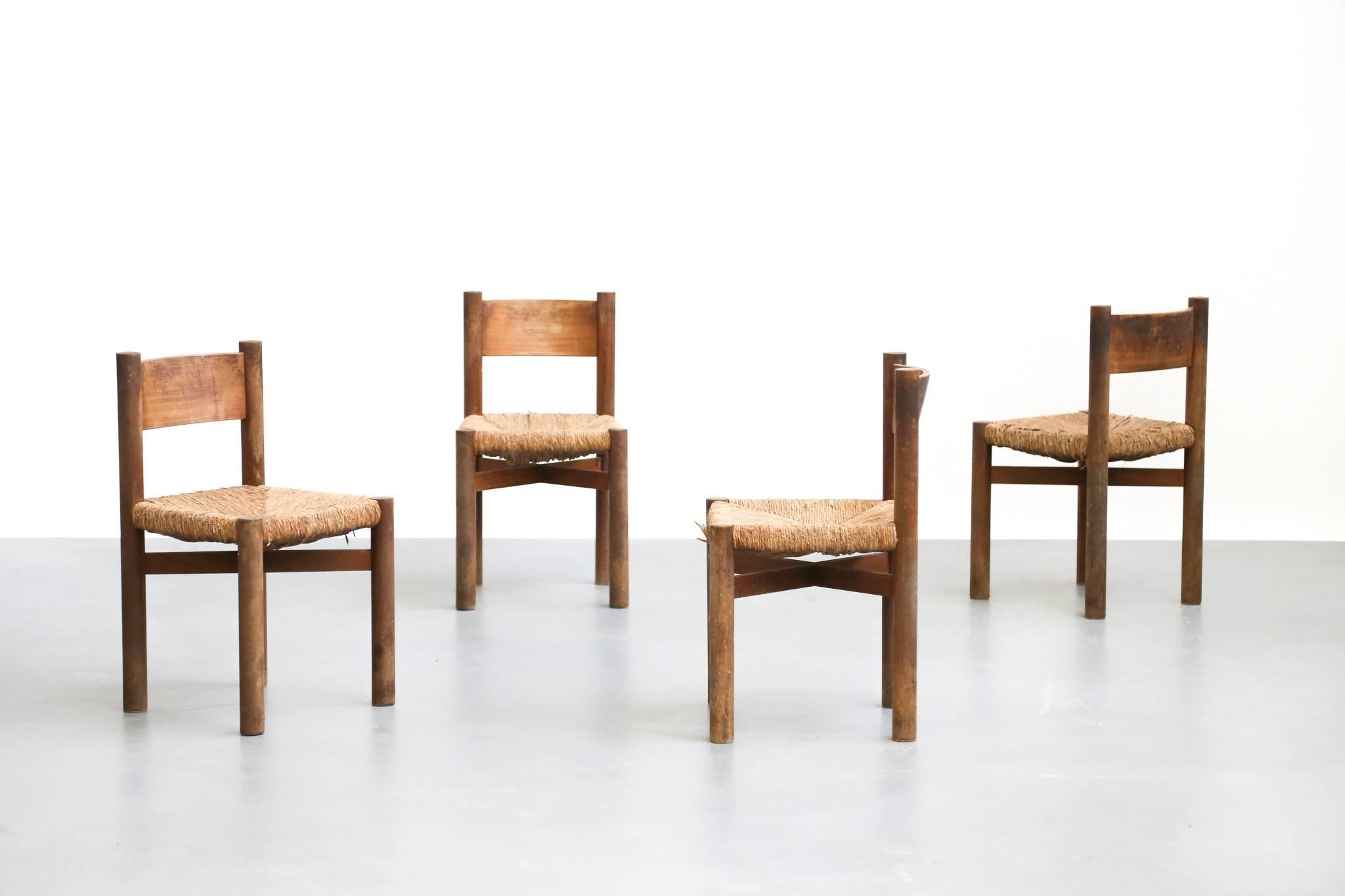 Rare set of four chair designed by the designer and architect Charlotte Perriand
This set was made for Meribel apartment in the 1950s
Made of wood and straw, preserving a beautiful patina.

Restoration on request!
 