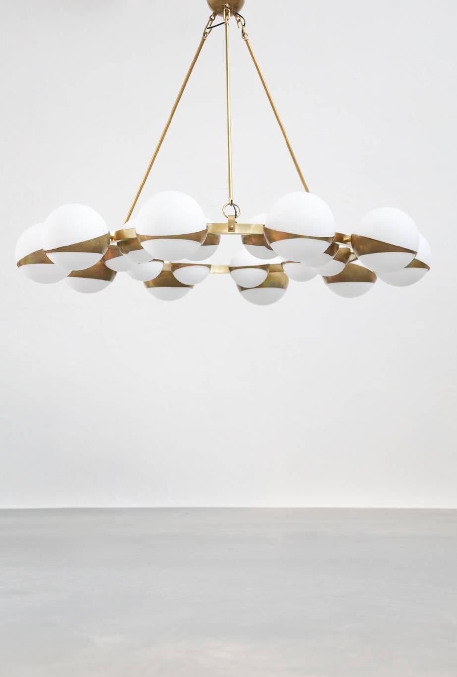 Contemporary Style of Stilnovo Italian Chandelier Opalines Brass Large Sculptural Modernist For Sale