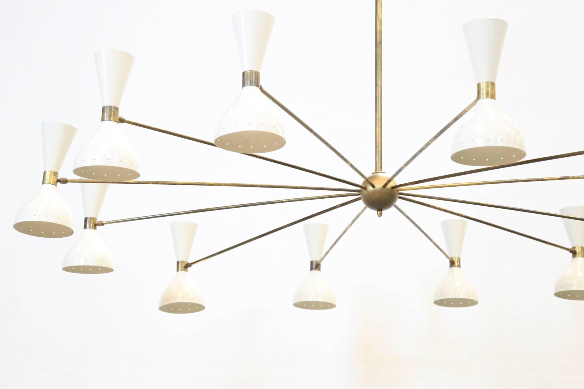 Mid-Century Modern Large Italian Chandelier Stilnovo Style Design Midcentury Brass White For Sale