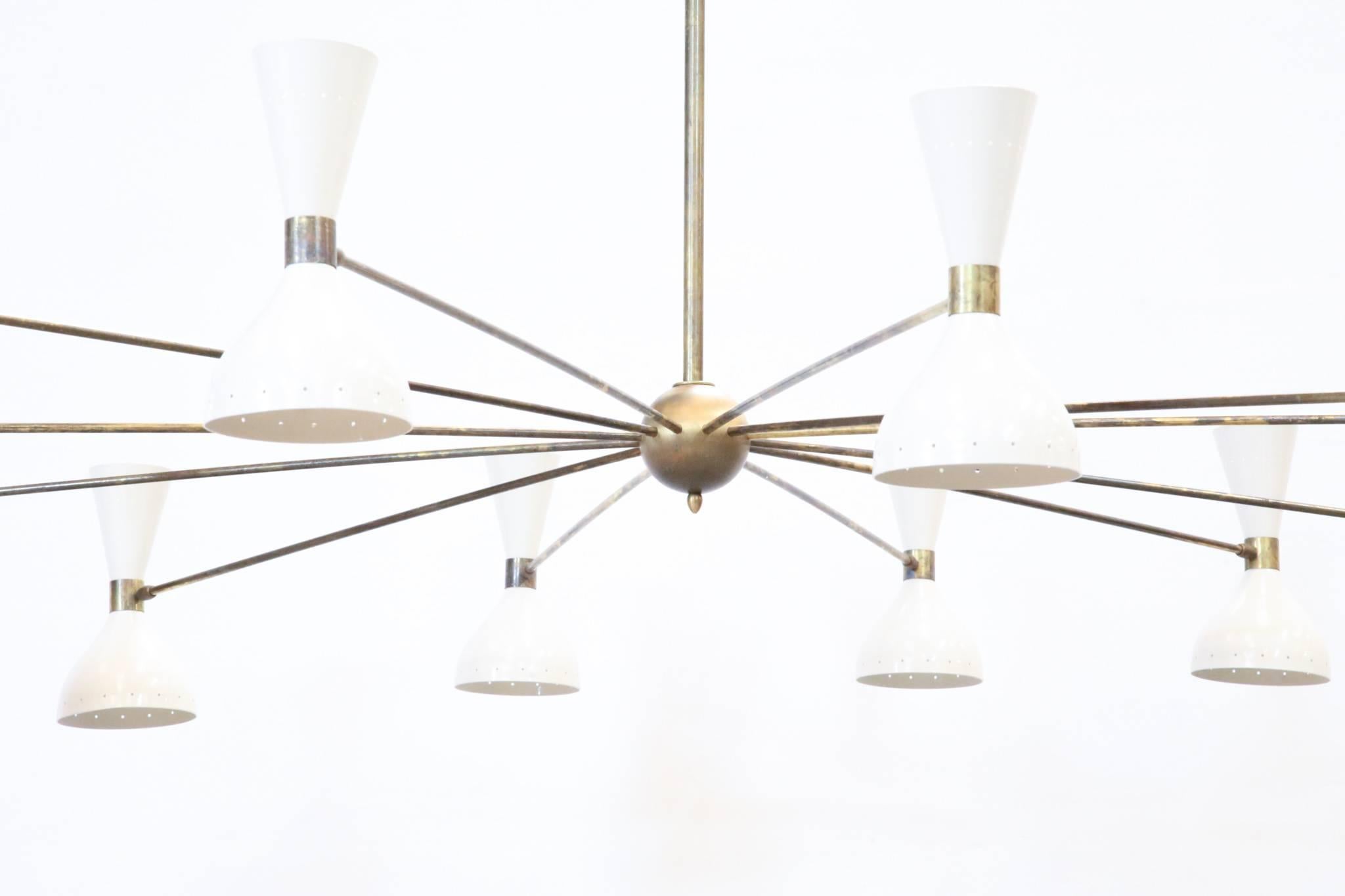 Large Italian Chandelier Stilnovo Style Design Midcentury Brass White In Excellent Condition For Sale In Lyon, FR