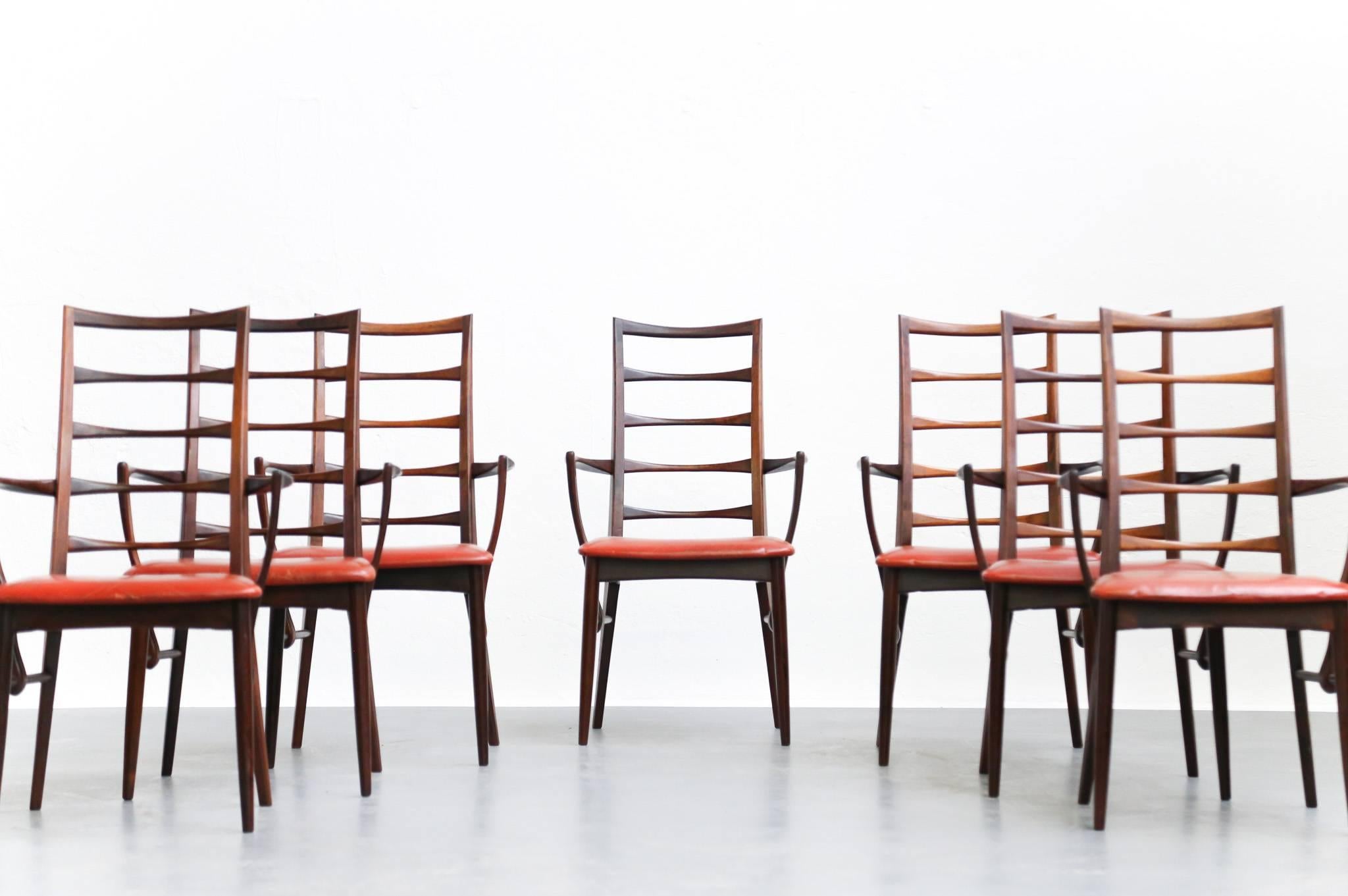 Rare suites of seven chairs with armrests, model 