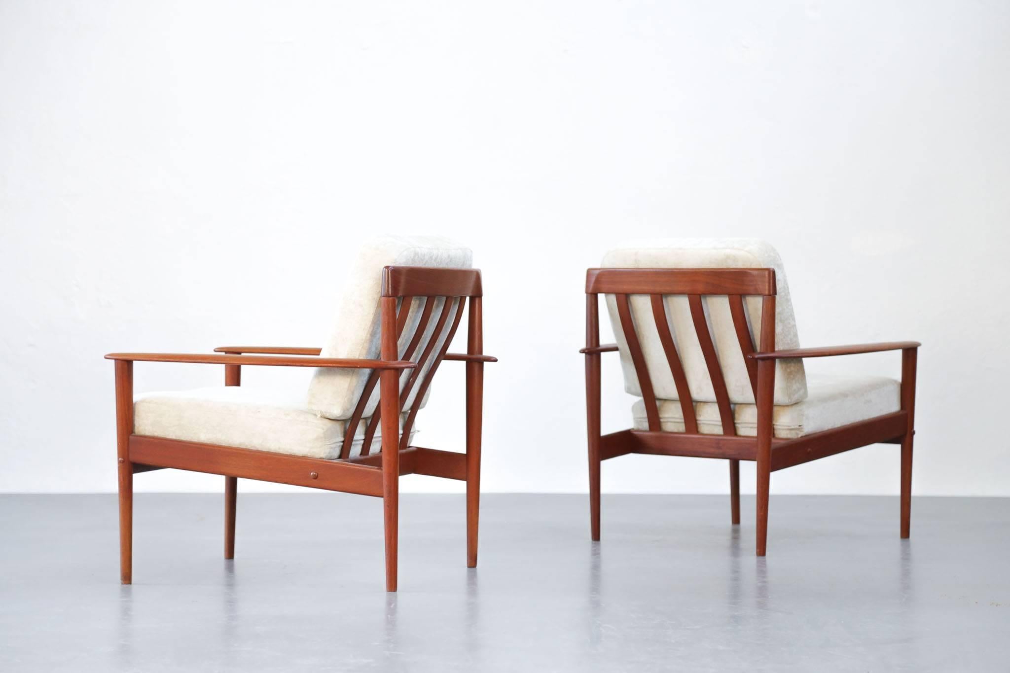 Fabric Pair of Lounge Chairs Grete Jalk Danish Teak, 1960s For Sale