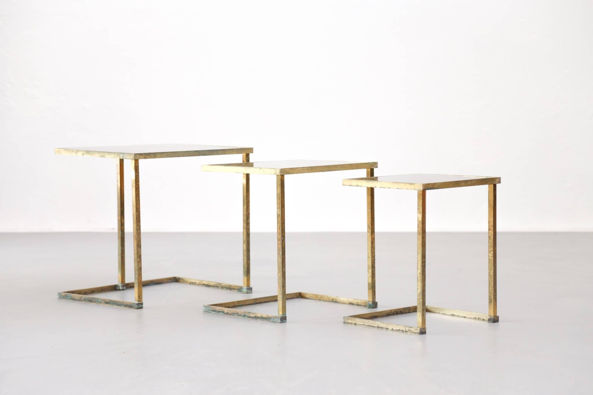 Mid-Century Modern Nesting Brass Tables 1960s with Mirror on Top For Sale