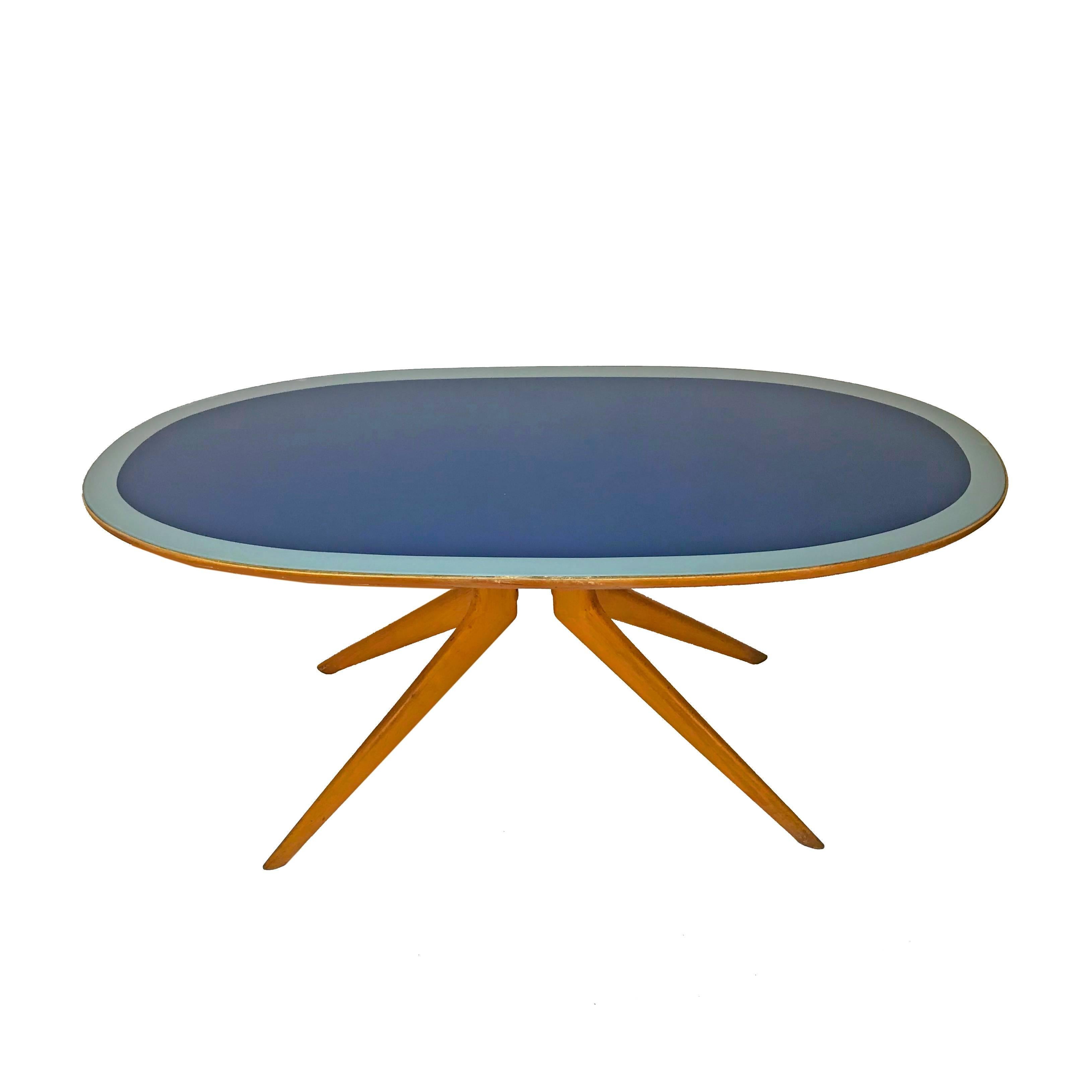 Ico Parisi, Italian Table Oval Wood, Printed Glass Top Blue and Grey, Italy 1953 In Excellent Condition In Roma, IT