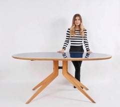 Ico Parisi, Italian Table Oval Wood, Printed Glass Top Blue and Grey, Italy 1953